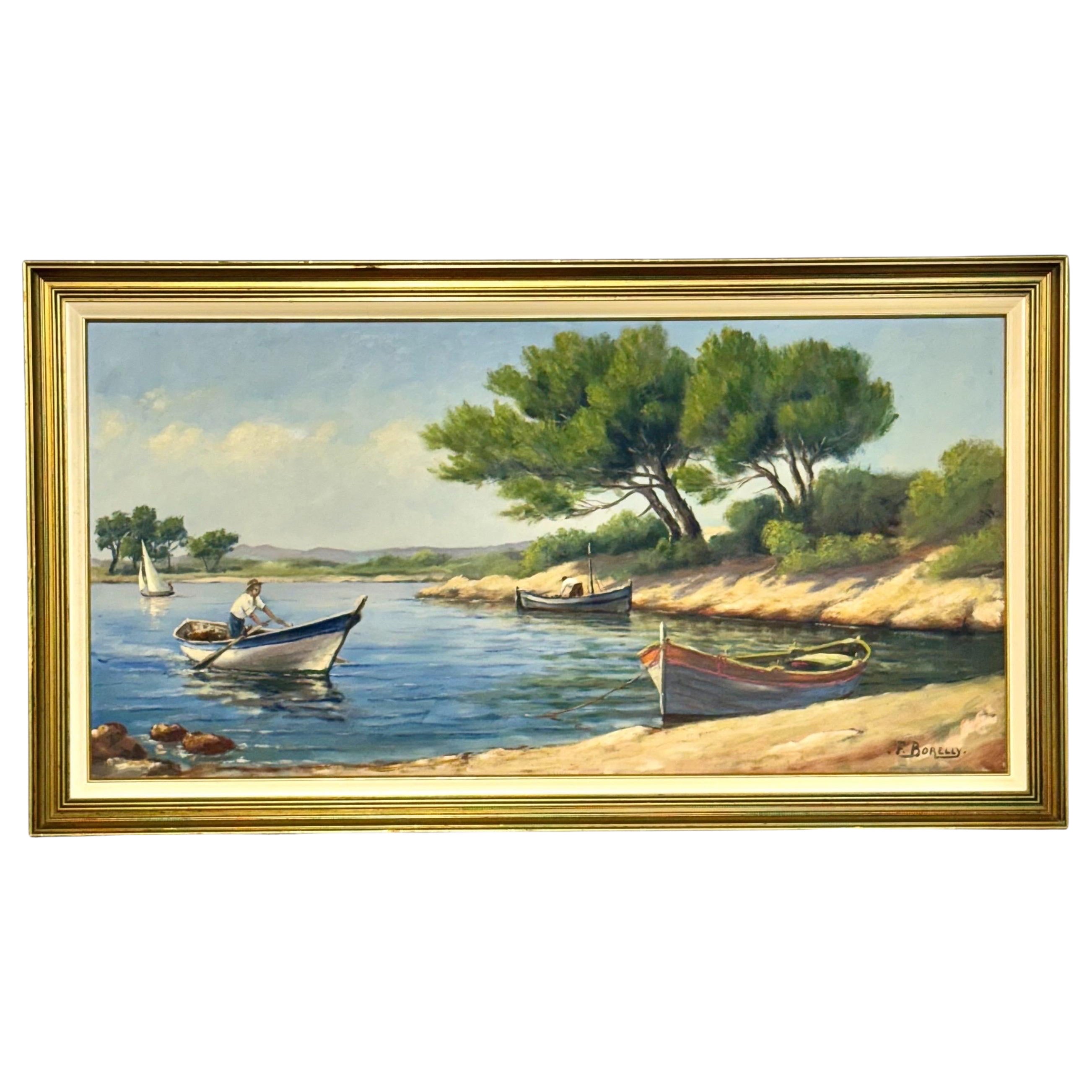 Large Mediterranean Coastal Scene with Boats by F. Borelly For Sale