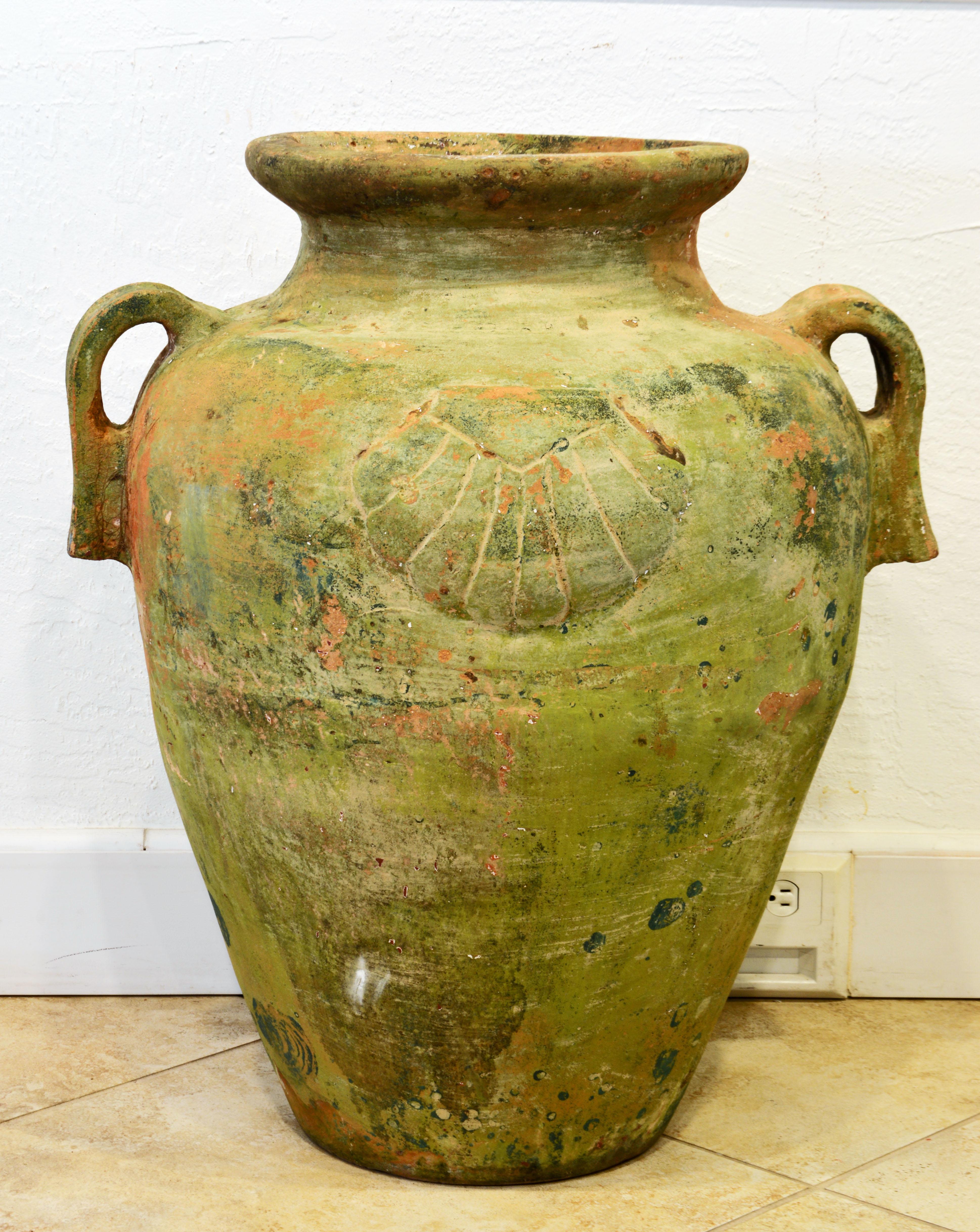 European Large Mediterranean Terracotta Olive Jar With Reliefs, Great Patina