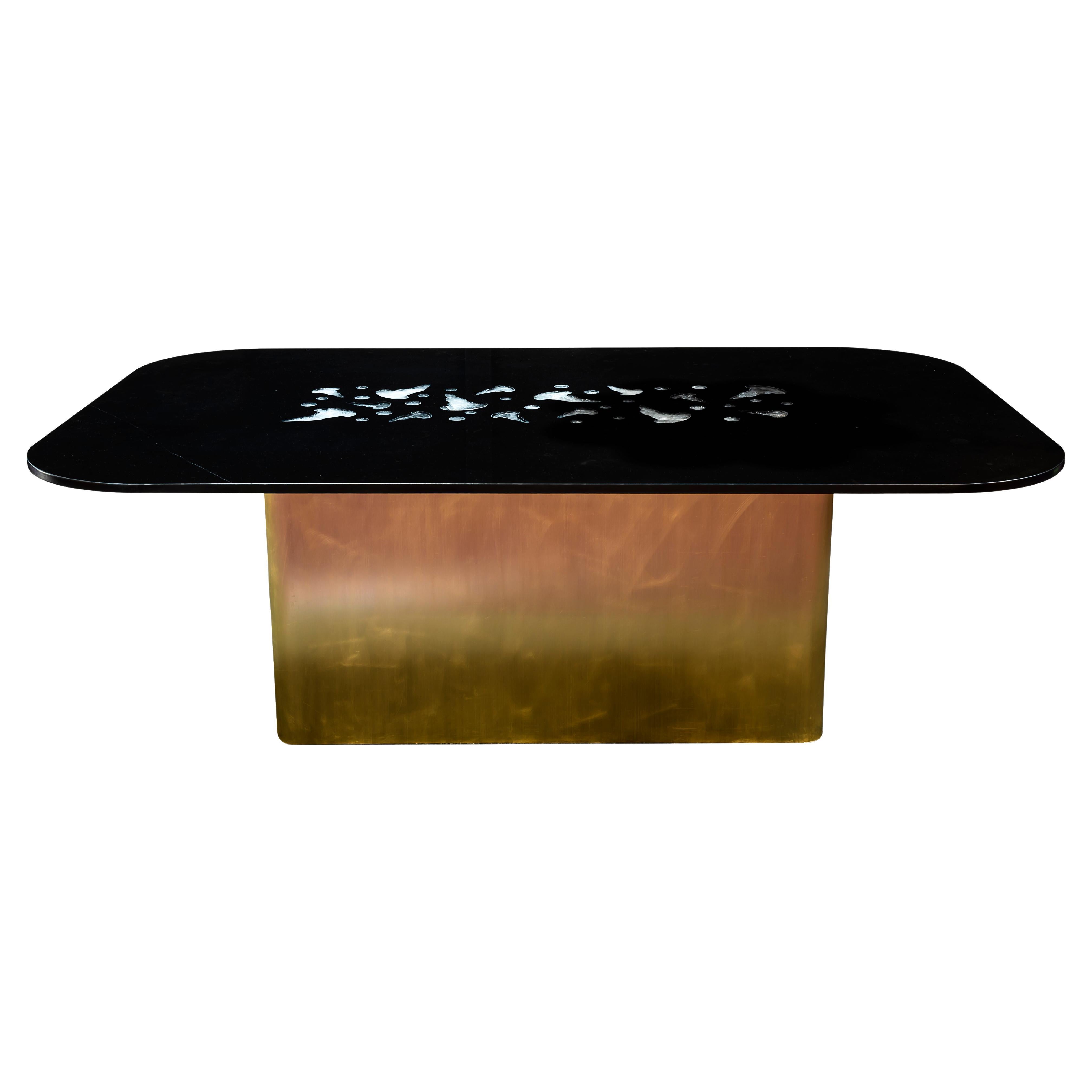 Gran mesa de comedor Medusa de mármol negro y cristal de roca con luz integrada en venta