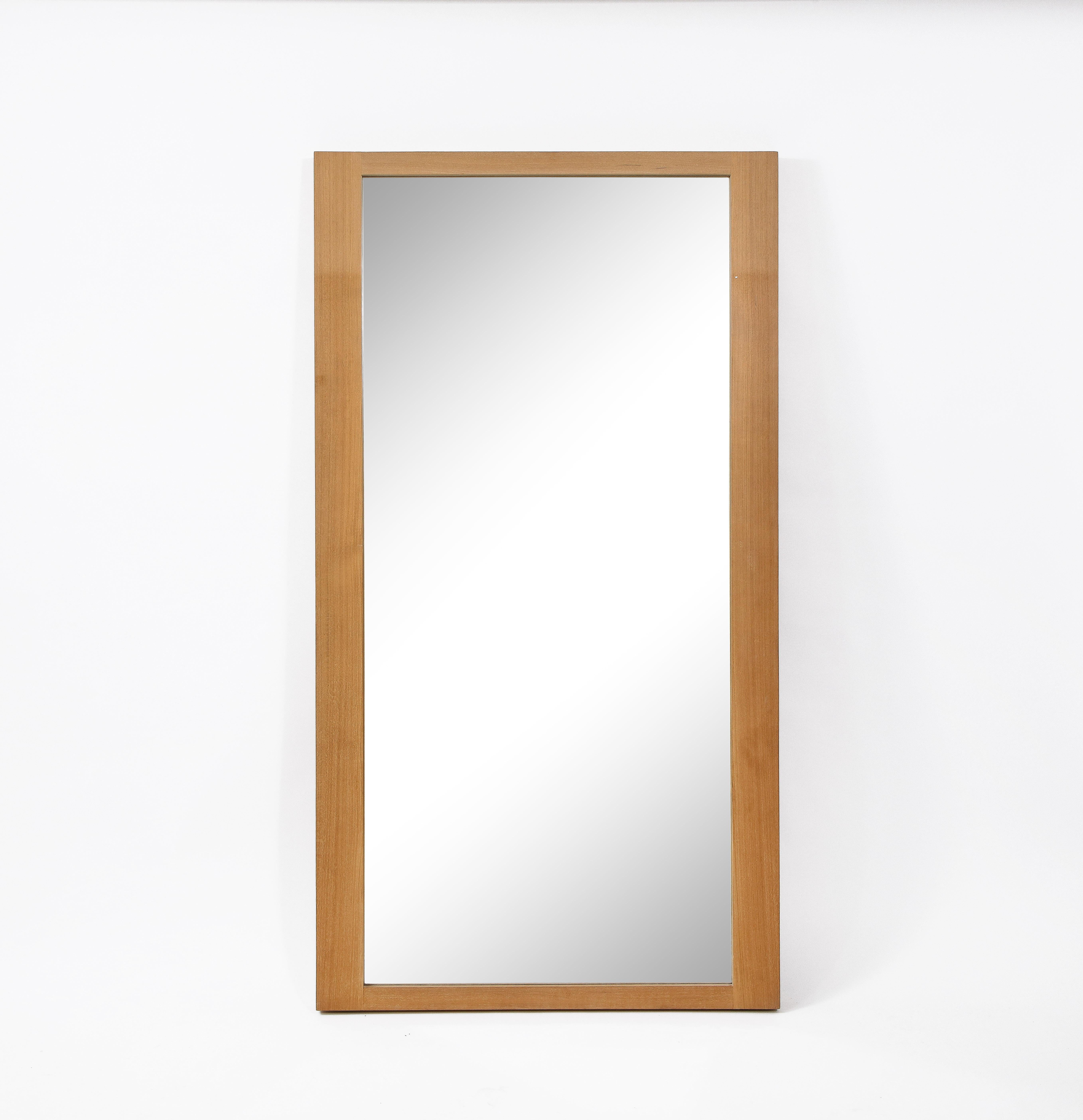 Large solid teak mirror from MEIER/FERRER, Los Angeles furniture collaboration of Ana Meier and Charlie Ferrer. Simple lines, substantial architectural proportions. Can be wall hung or leaning. Beach vibes. 

Good overall condition. Shows light