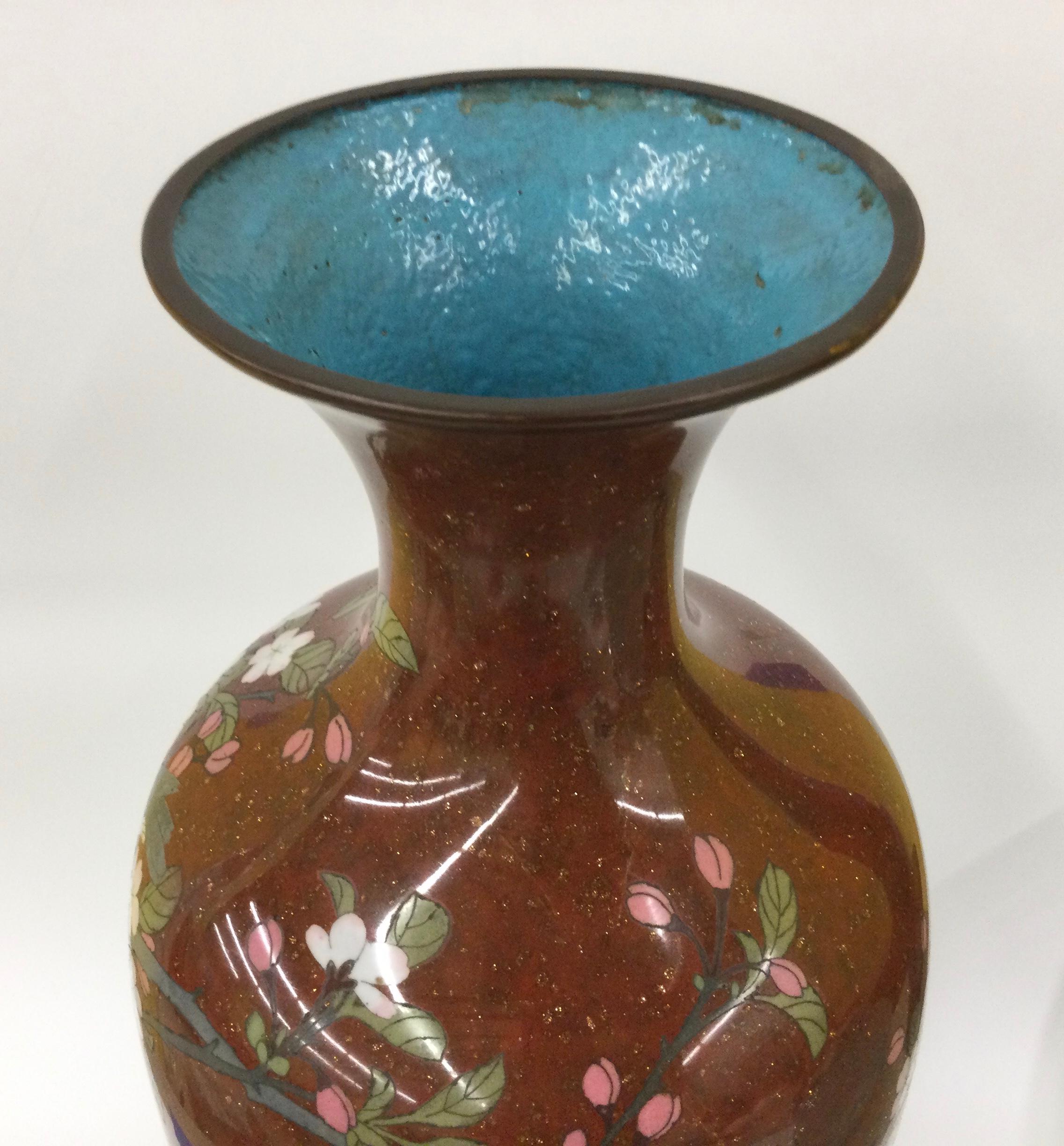 Large Meiji Era Cloisonne Vase with amazing bird decoration  In Good Condition For Sale In Ann Arbor, MI