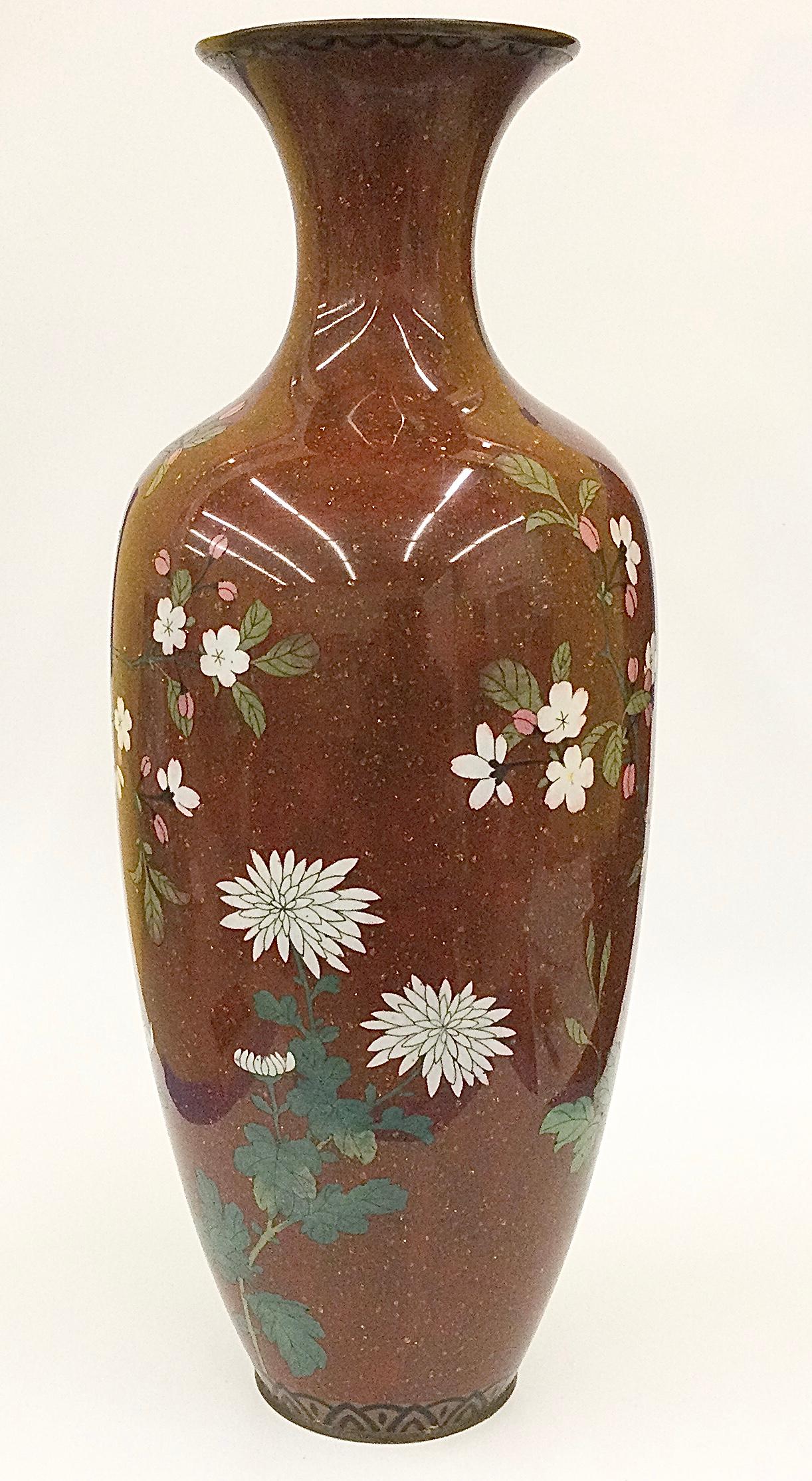 Enamel Large Meiji Era Cloisonne Vase with amazing bird decoration  For Sale
