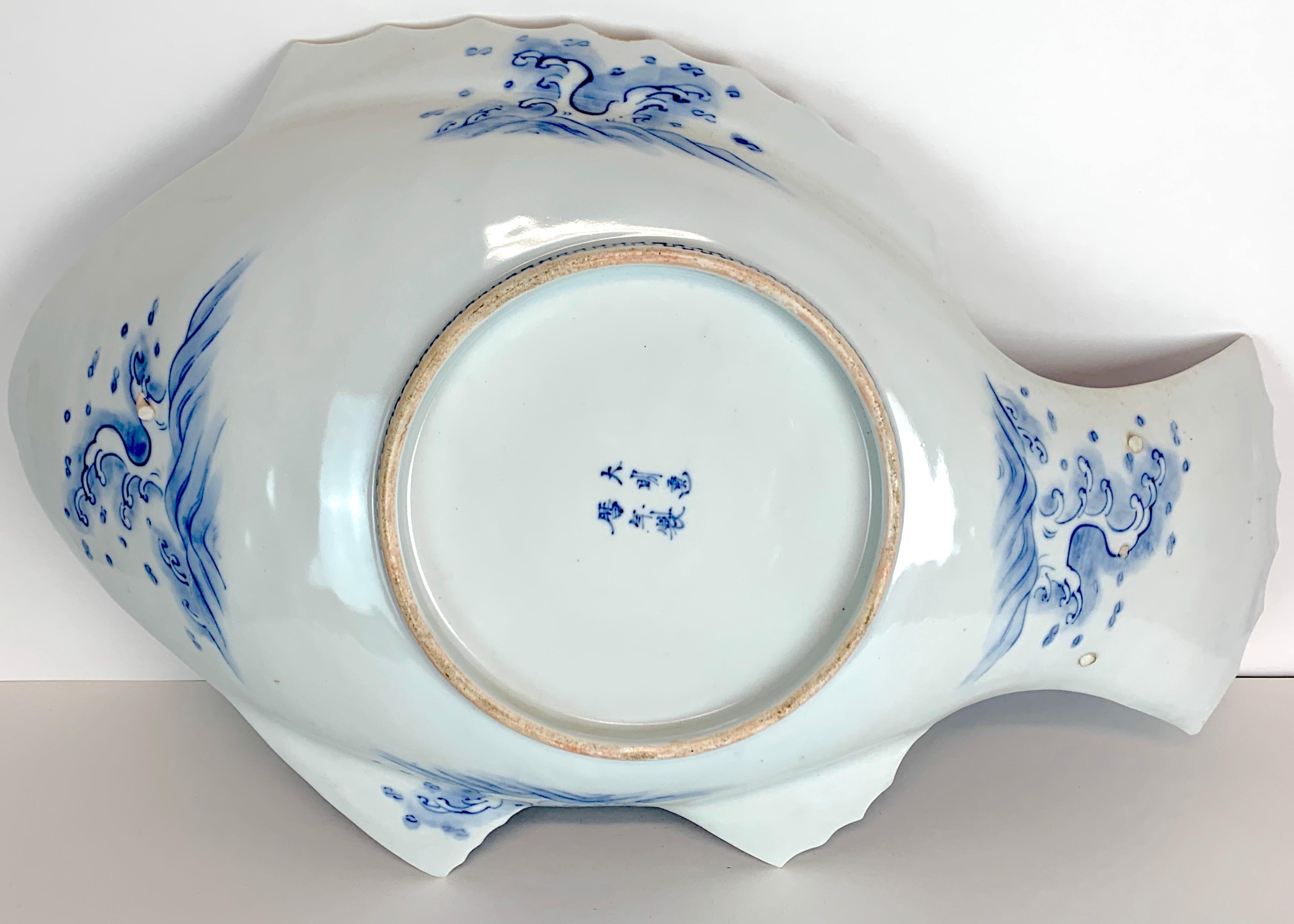 Large Meiji Imari Blue and White Fish Plate, by Fukagawa VII 1