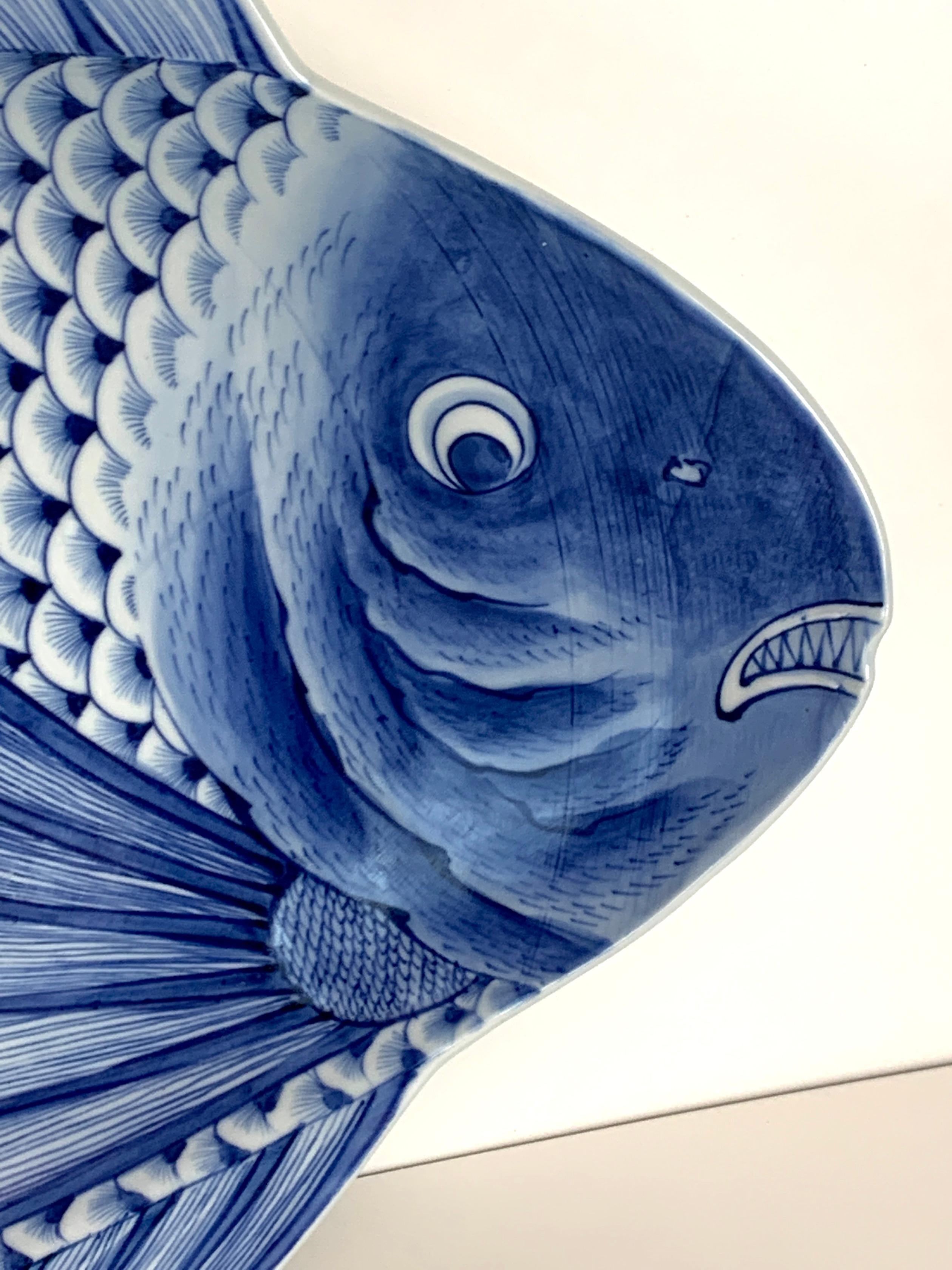 Hand-Painted Large Meiji Imari Blue and White Fish Plate, by Fukagawa VII