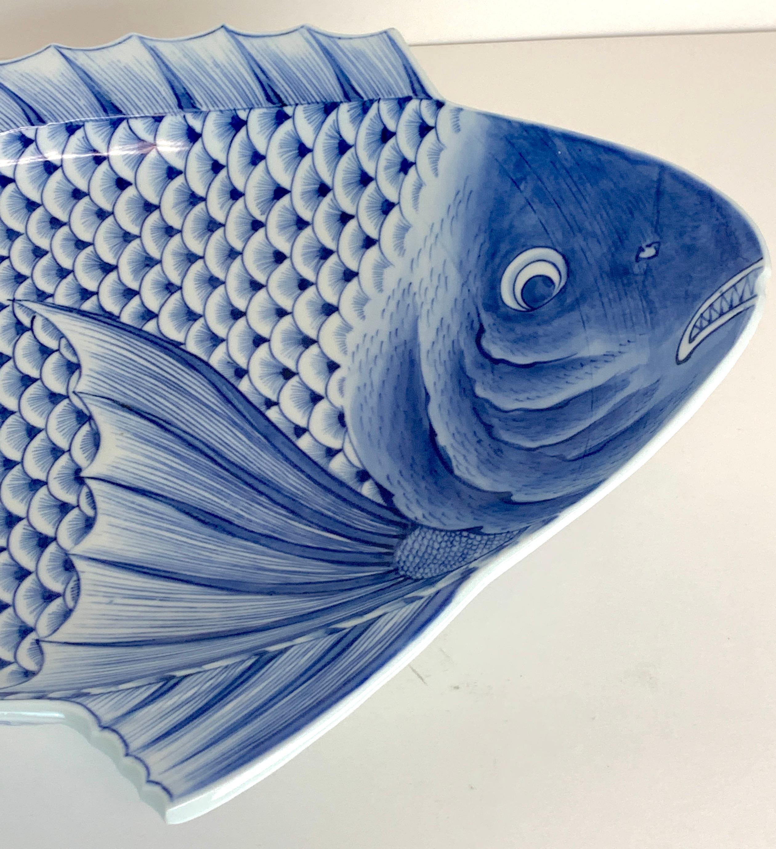 20th Century Large Meiji Imari Blue and White Fish Plate, by Fukagawa VII