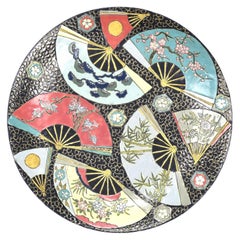 Large Meiji Imari Charger with Famille Noir Fan Motifs, Japan, 19th Century