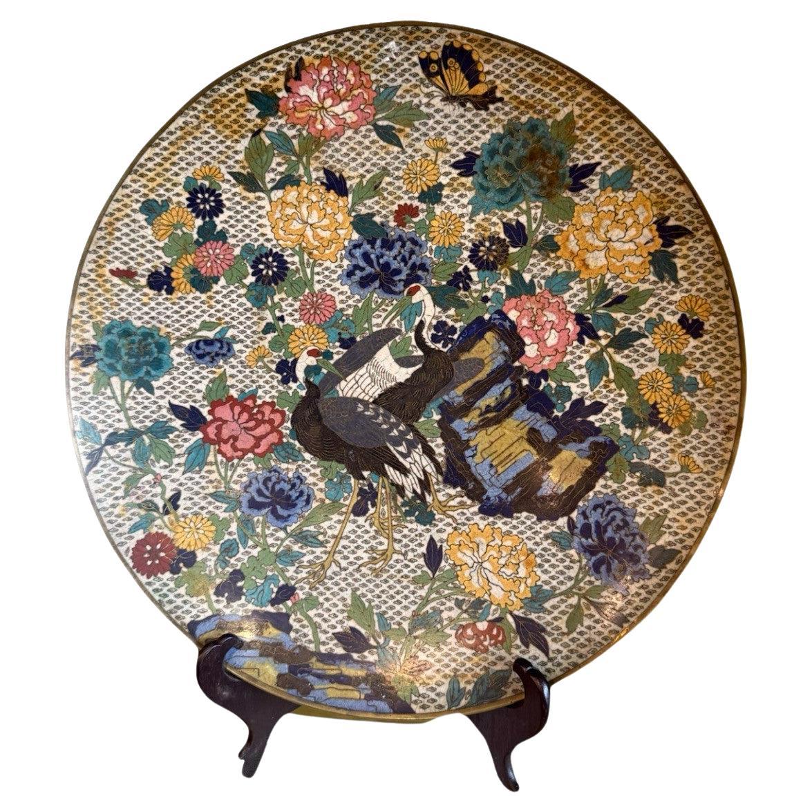 Large Meiji Japanese Cloisonne Enamel Charger Cranes Peonies Butterfly Floral