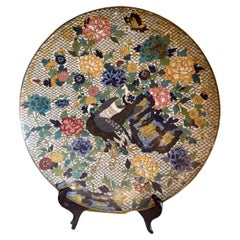 Large Meiji Japanese Cloisonne Enamel Charger Cranes Peonies Butterfly Floral