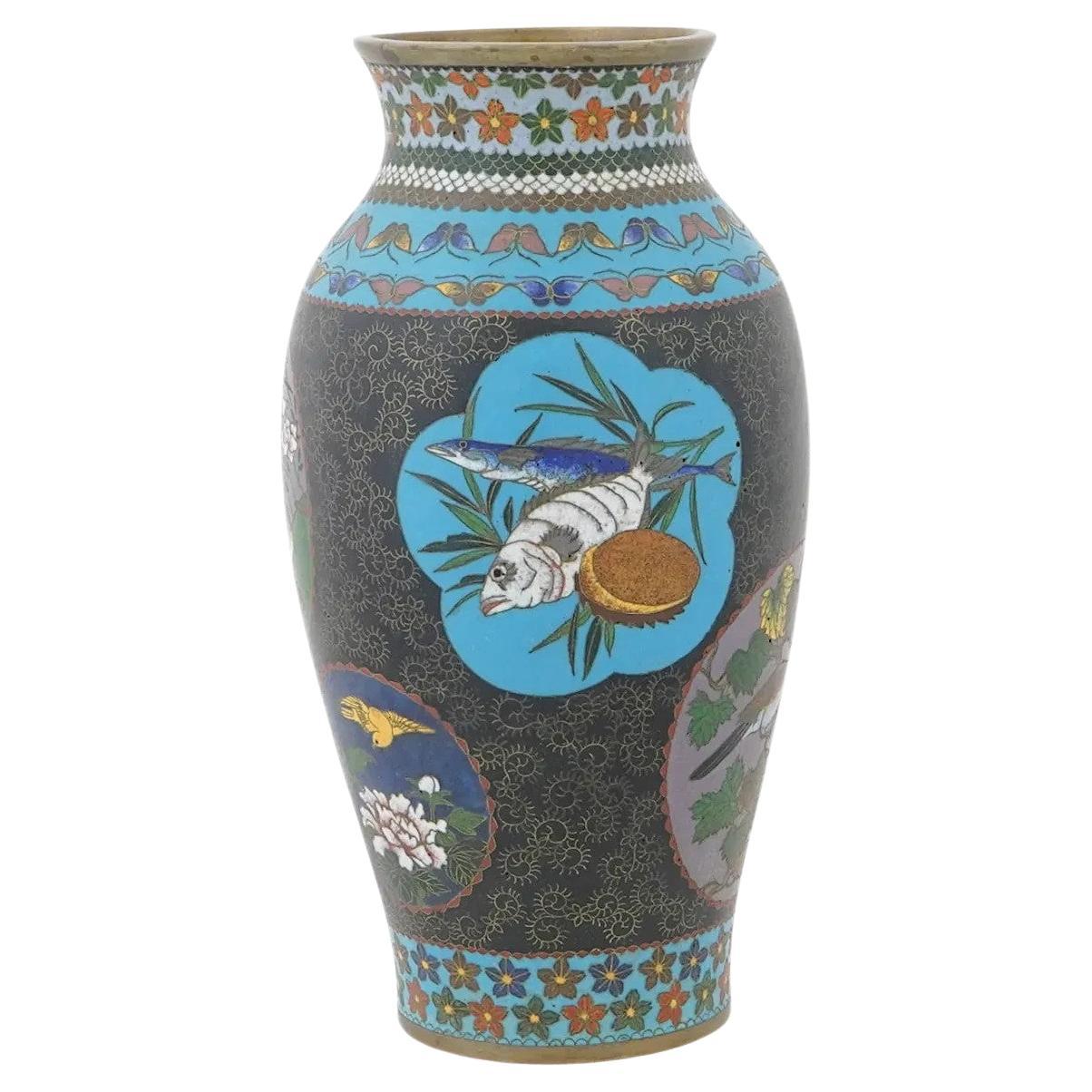Large Meiji Japanese Cloisonne Enamel Fish, Ducks, Floral Vase Shippo