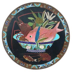 Large Meiji Japanese Cloisonne Enamel Plate Charger Fish, Lobster and Shrimp