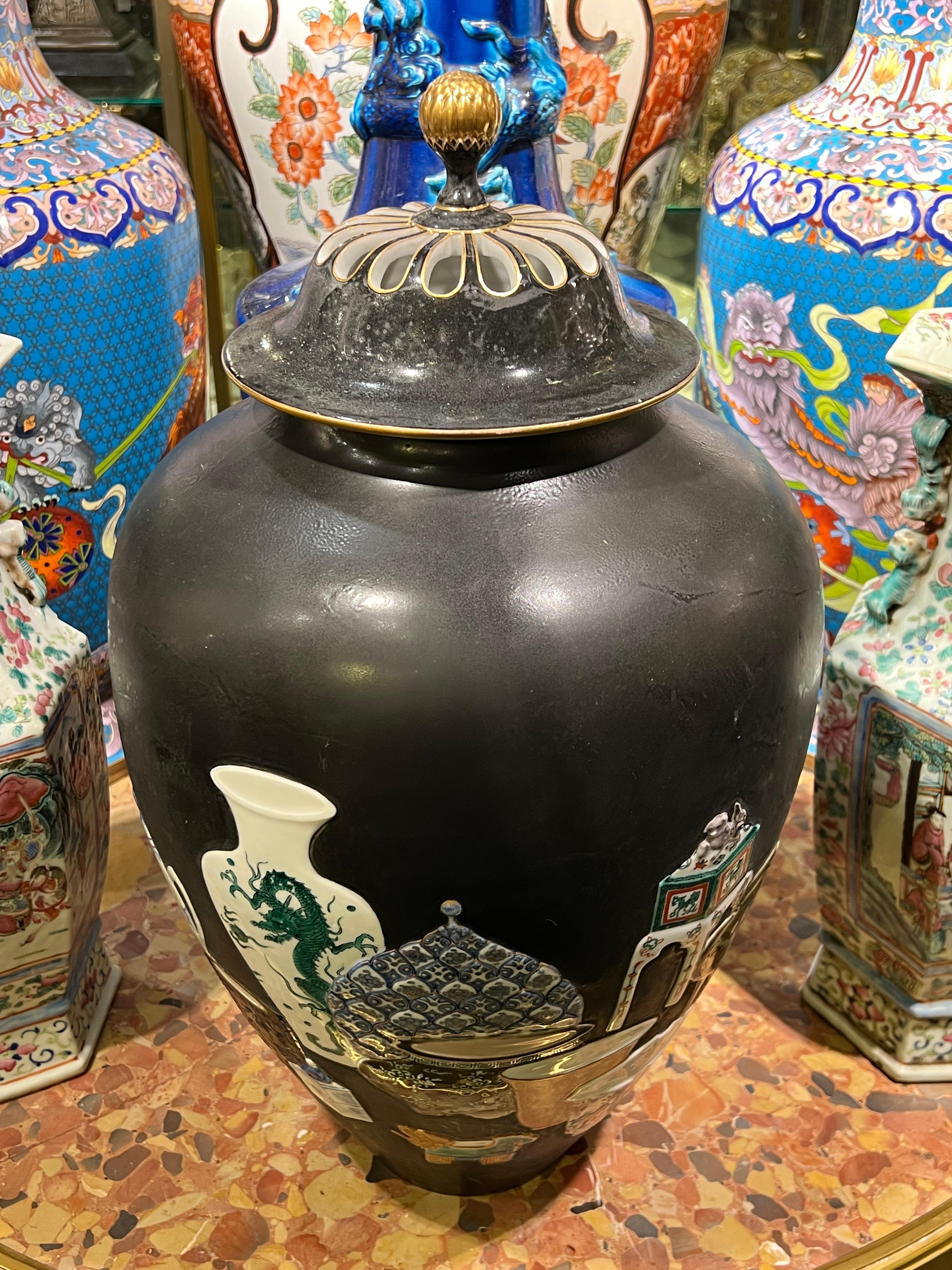 Large Meiji Japanese Famille Noire Kutani Porcelain Potpourri Vase Jar Censer 8