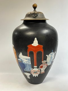 Large Meiji Japanese Famille Noire Kutani Porcelain Potpourri Vase Jar Censer