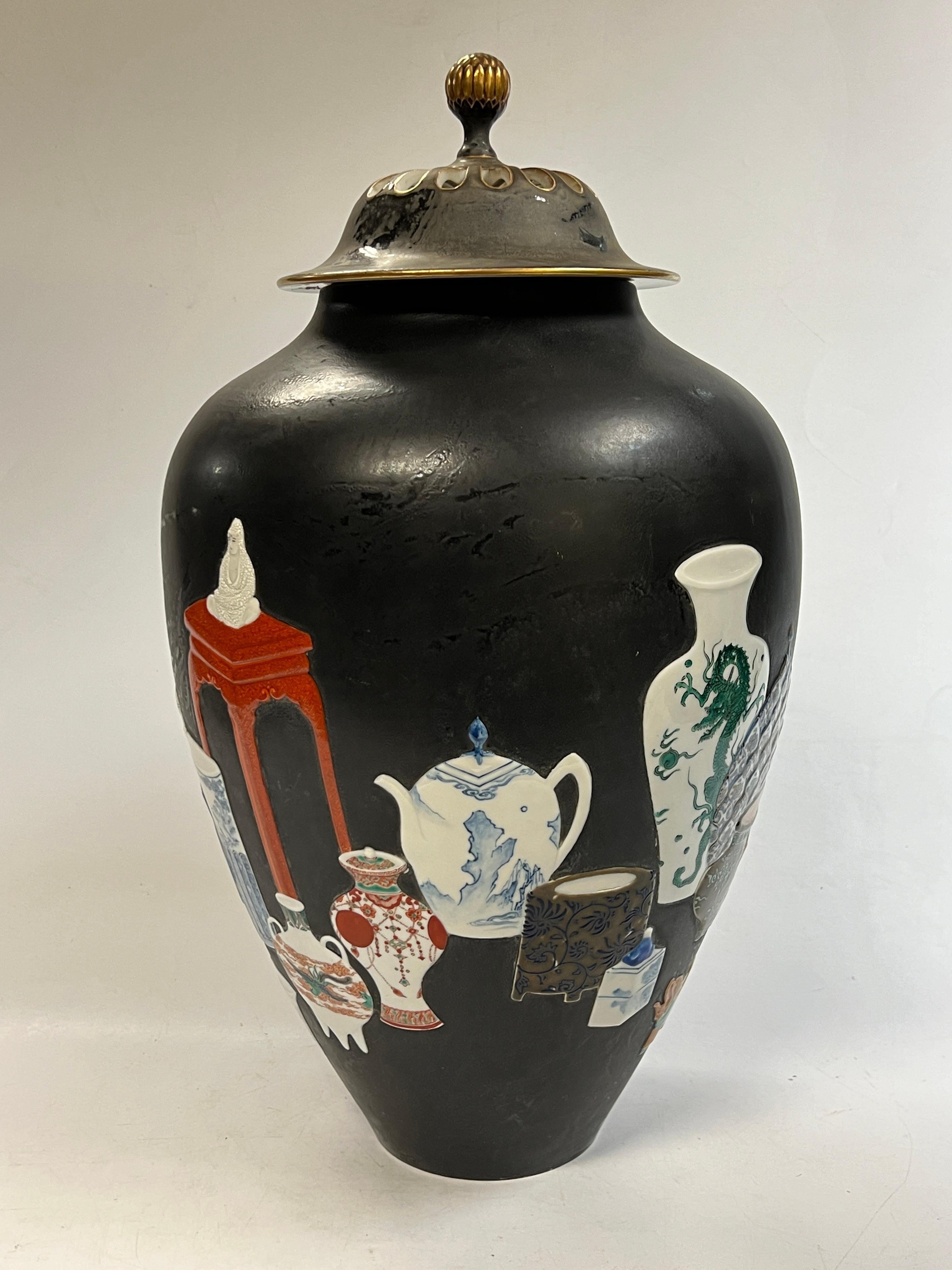 Enameled Large Meiji Japanese Famille Noire Kutani Porcelain Potpourri Vase Jar Censer