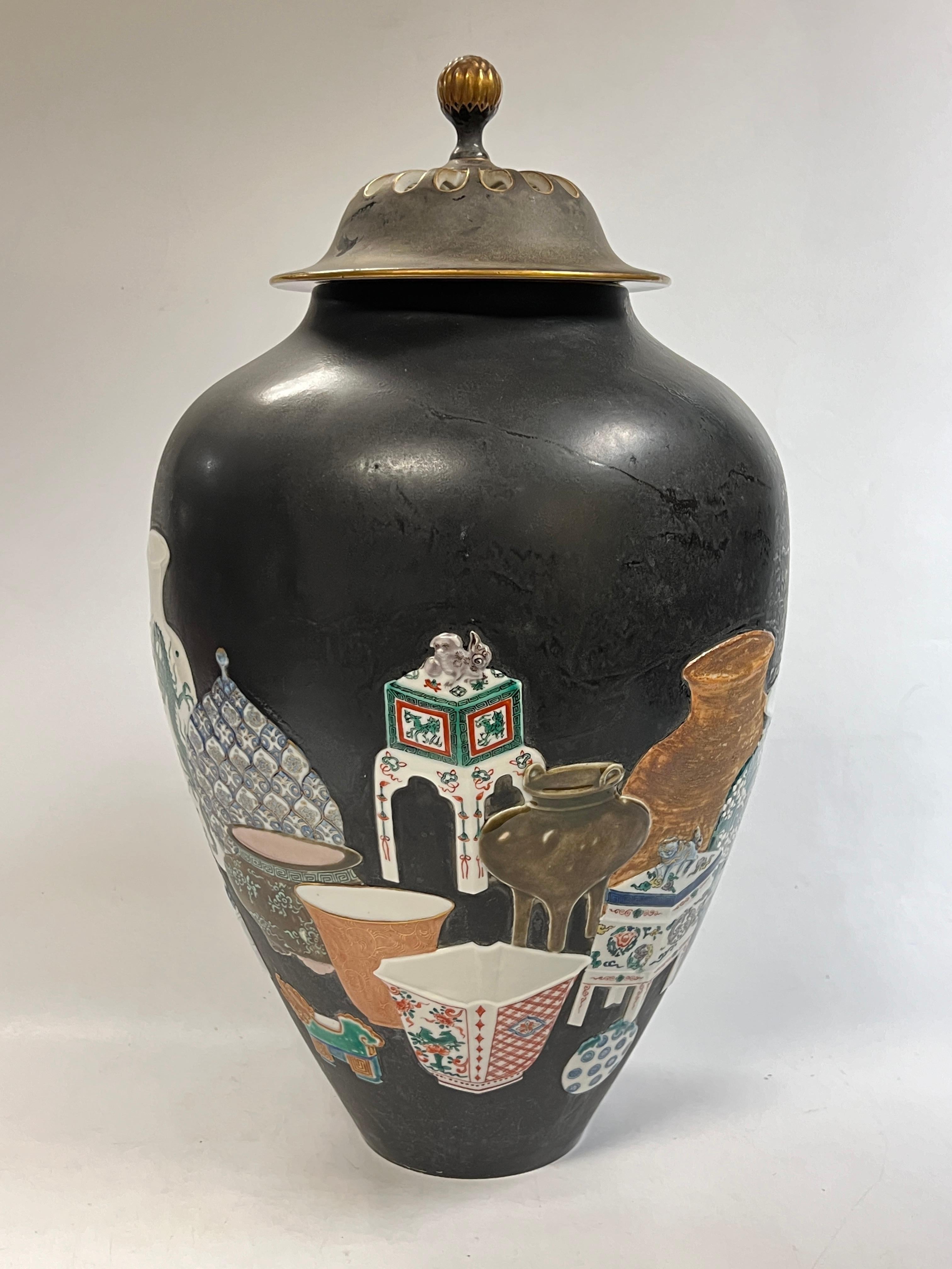19th Century Large Meiji Japanese Famille Noire Kutani Porcelain Potpourri Vase Jar Censer