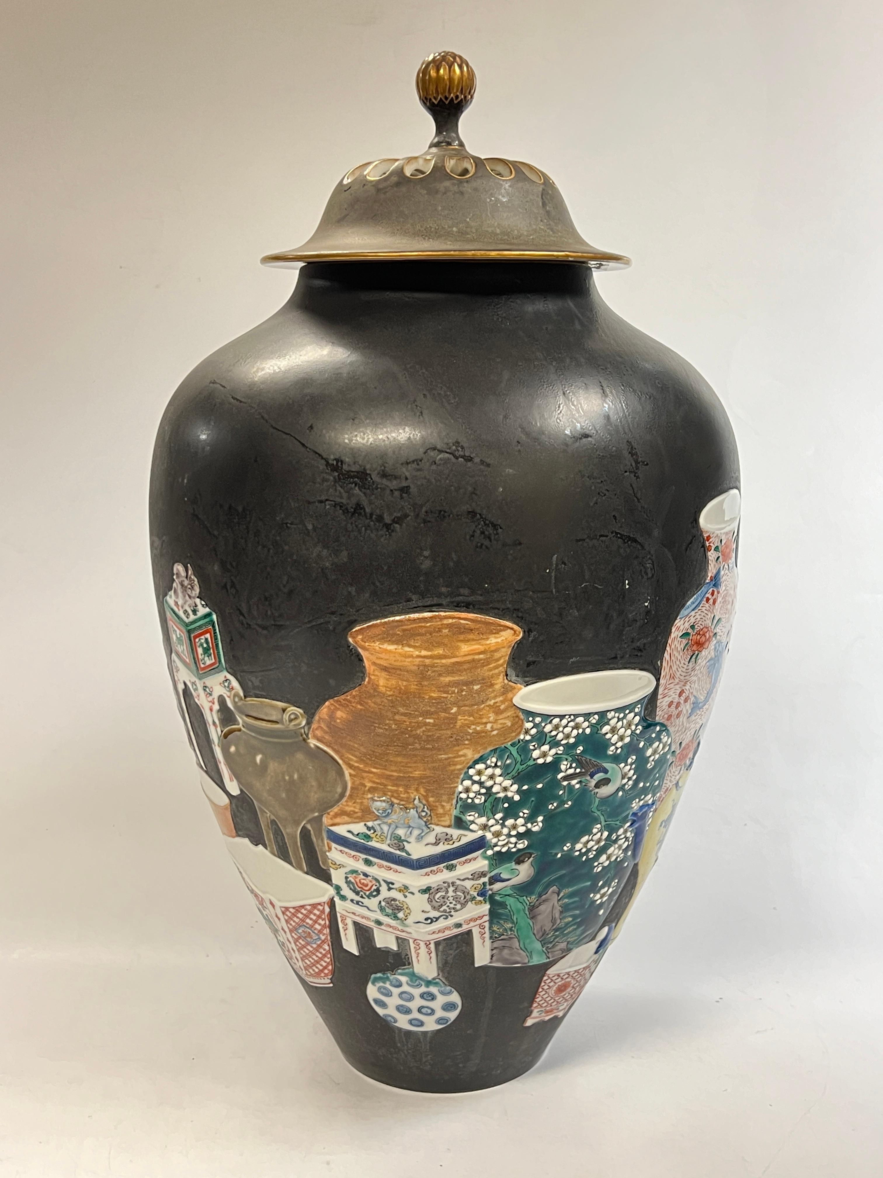 Large Meiji Japanese Famille Noire Kutani Porcelain Potpourri Vase Jar Censer 1