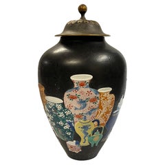 Large Meiji Japanese Famille Noire Kutani Porcelain Potpourri Vase Jar Censer