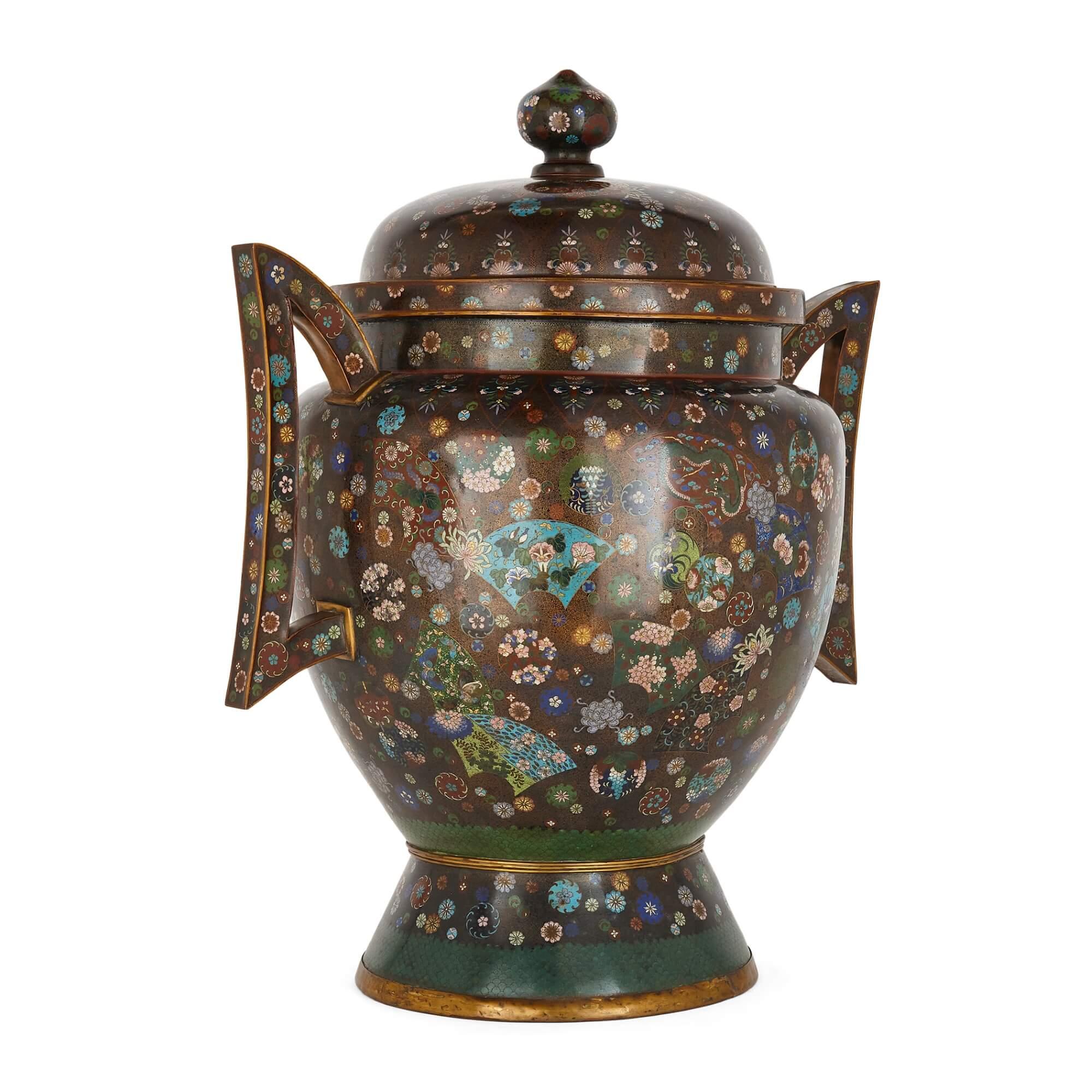 Large Meiji Period Cloisonne Enamel Koro
Japanese, late 19th Century
Height 88cm, width 76cm, depth 53cm

This superb cloisonne enamel koro was made during Japan's Meiji period, and is exemplary of the quality of the decorative arts during this