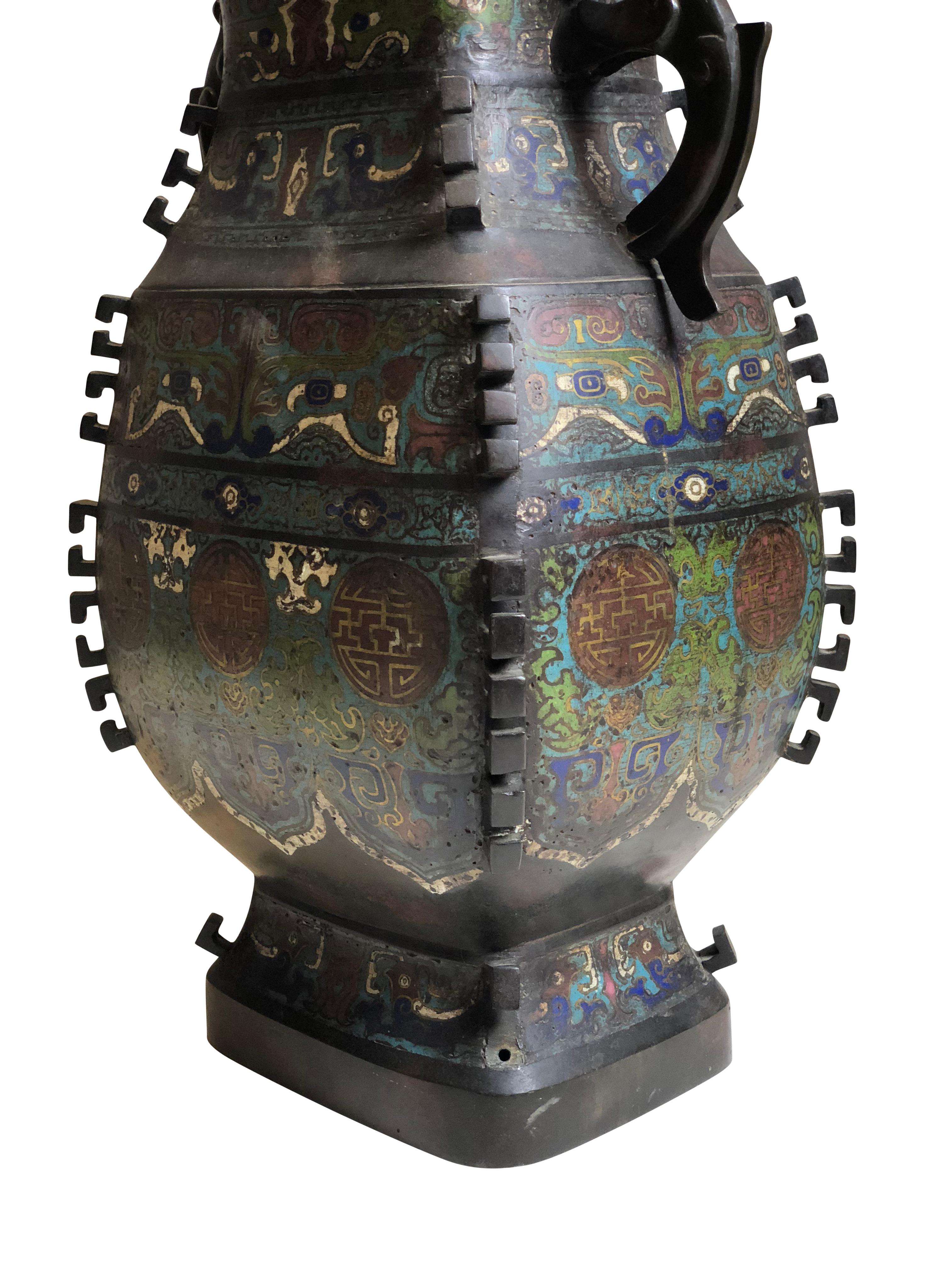Large Meiji Period Japanese Bronze and Champlevé Enamel Vase In Good Condition In Los Angeles, CA