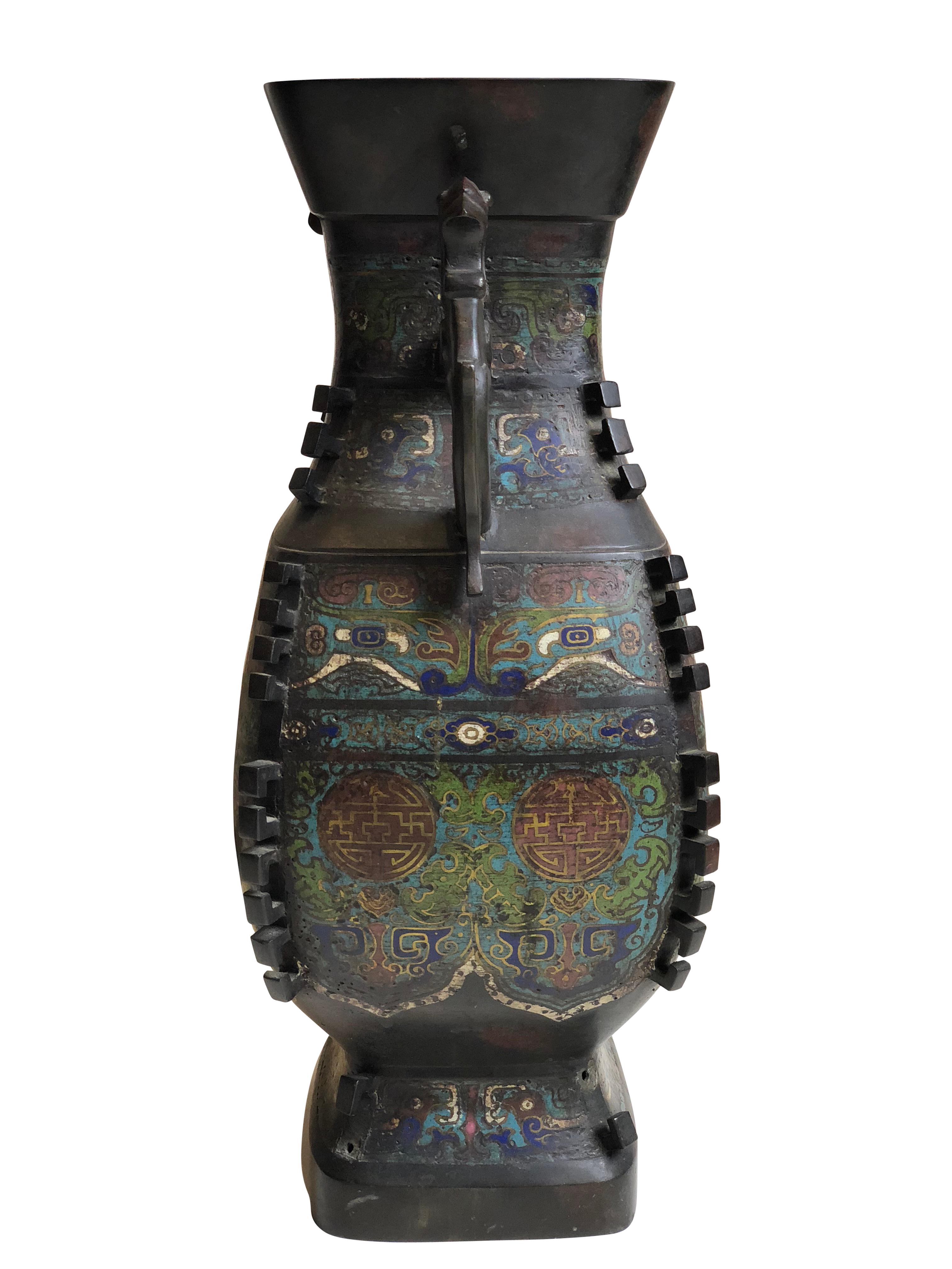 19th Century Large Meiji Period Japanese Bronze and Champlevé Enamel Vase