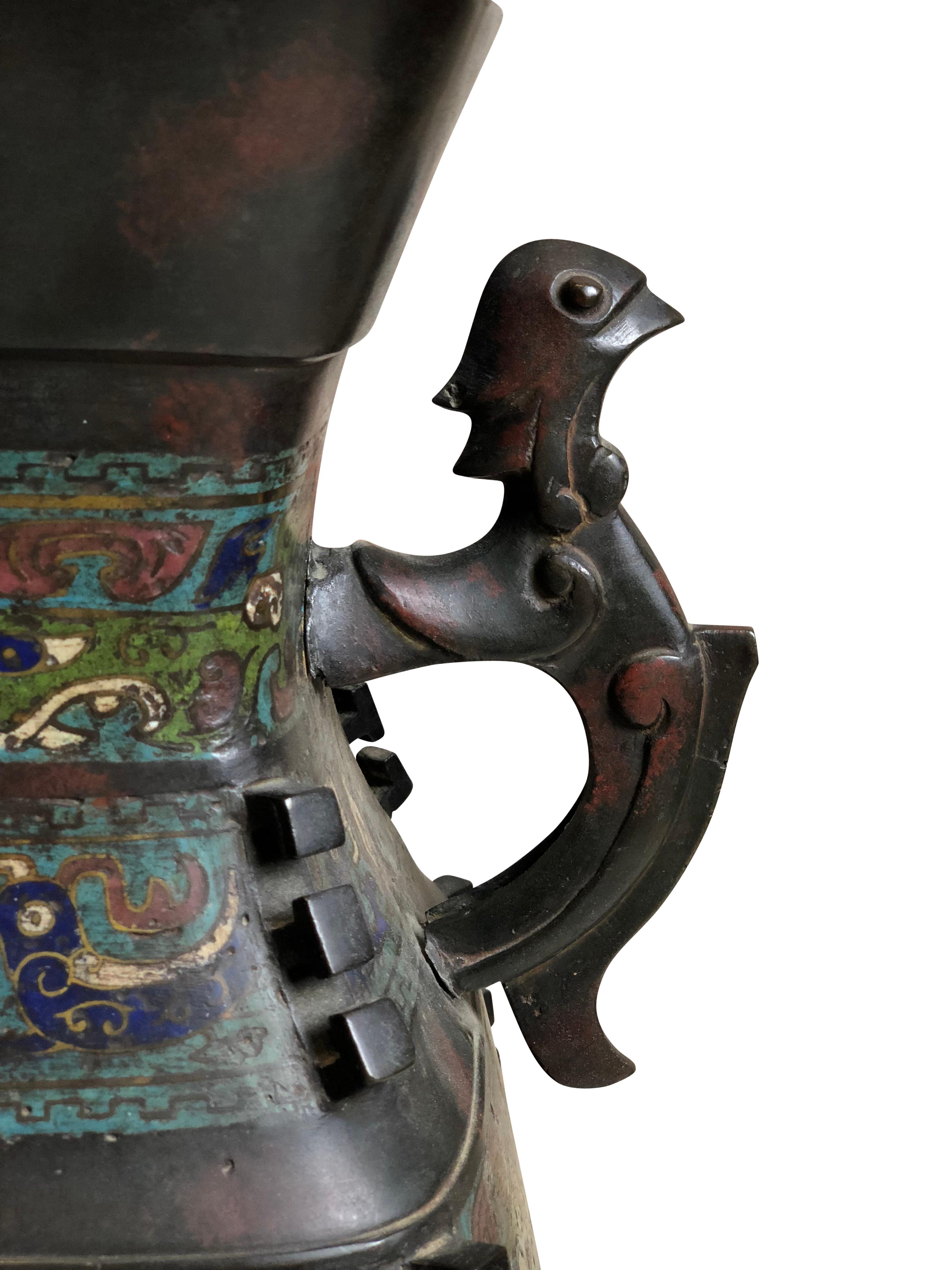 Large Meiji Period Japanese Bronze and Champlevé Enamel Vase 1
