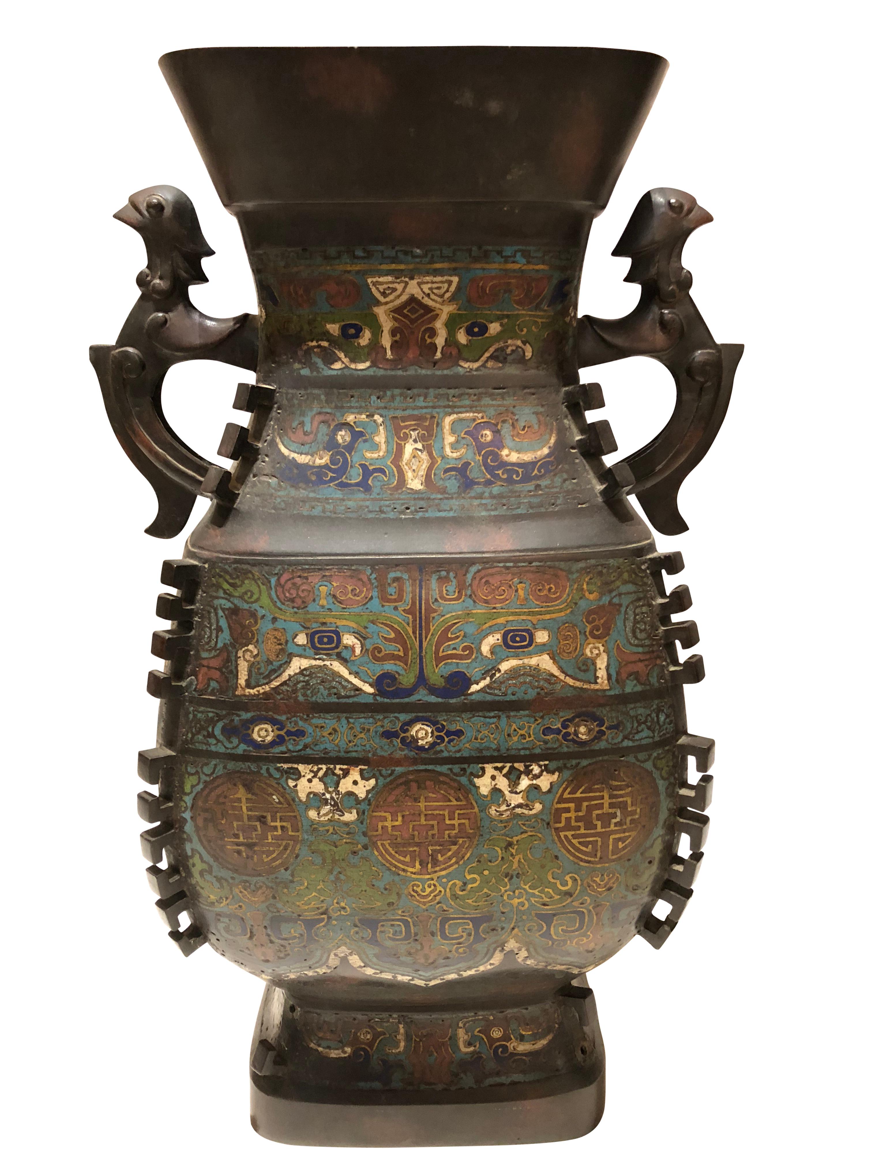 Large Meiji Period Japanese Bronze and Champlevé Enamel Vase 2