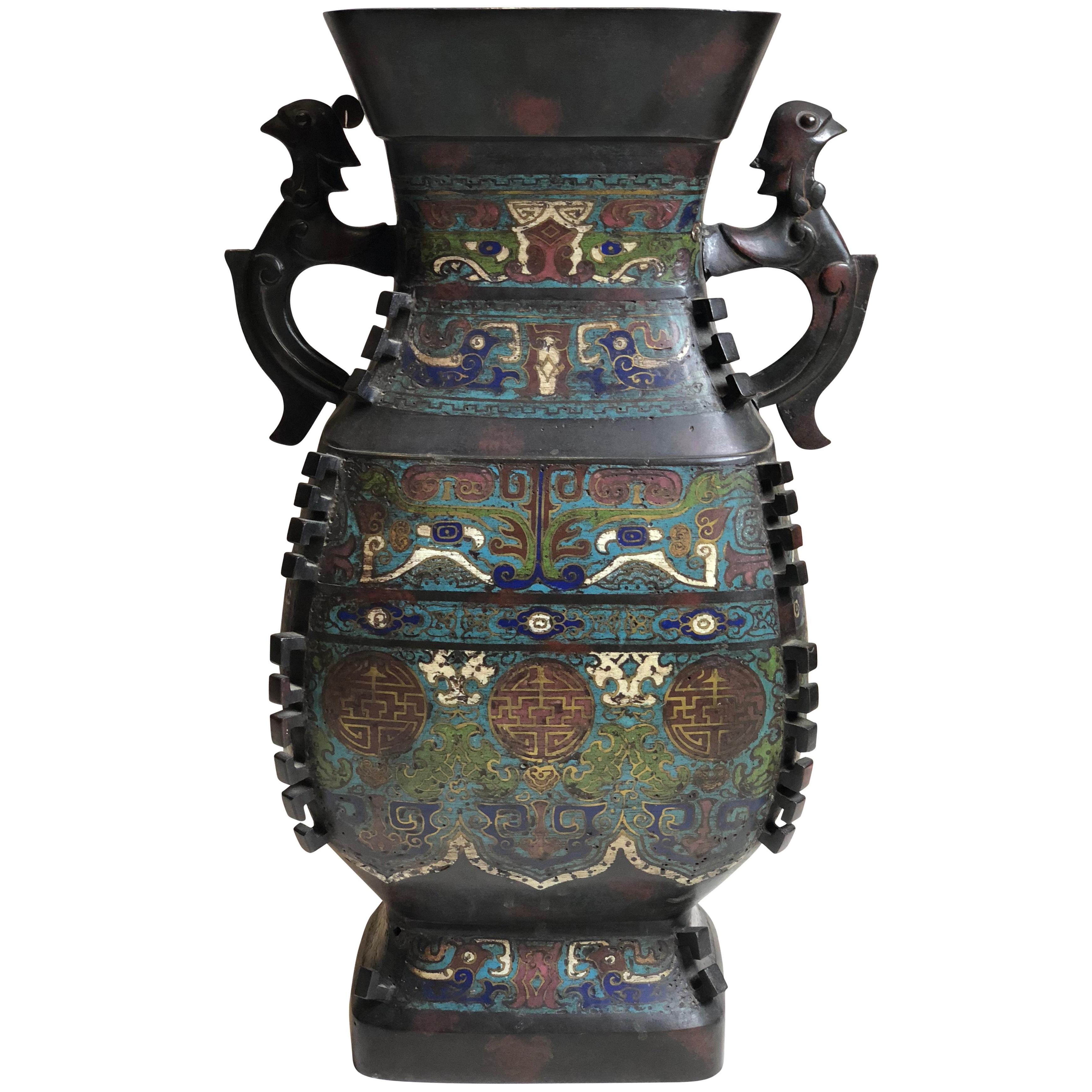 Large Meiji Period Japanese Bronze and Champlevé Enamel Vase
