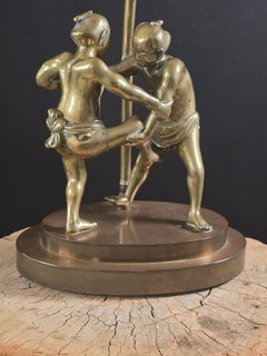 Large Meiji Period Japanese Bronze Sumo Wrestlers Lamp on Forged Bronze Base