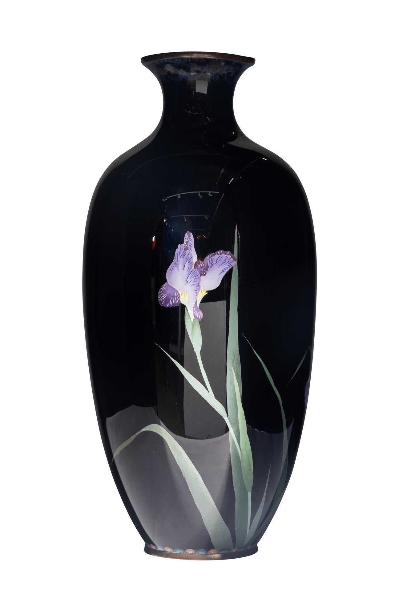 Introducing a magnificent Large Meiji Period Japanese Cloisonné Enamel Vase adorned with enchanting iris blossoms. This extraordinary vase encapsulates the essence of Japanese artistry during the Meiji era, showcasing the exquisite beauty of