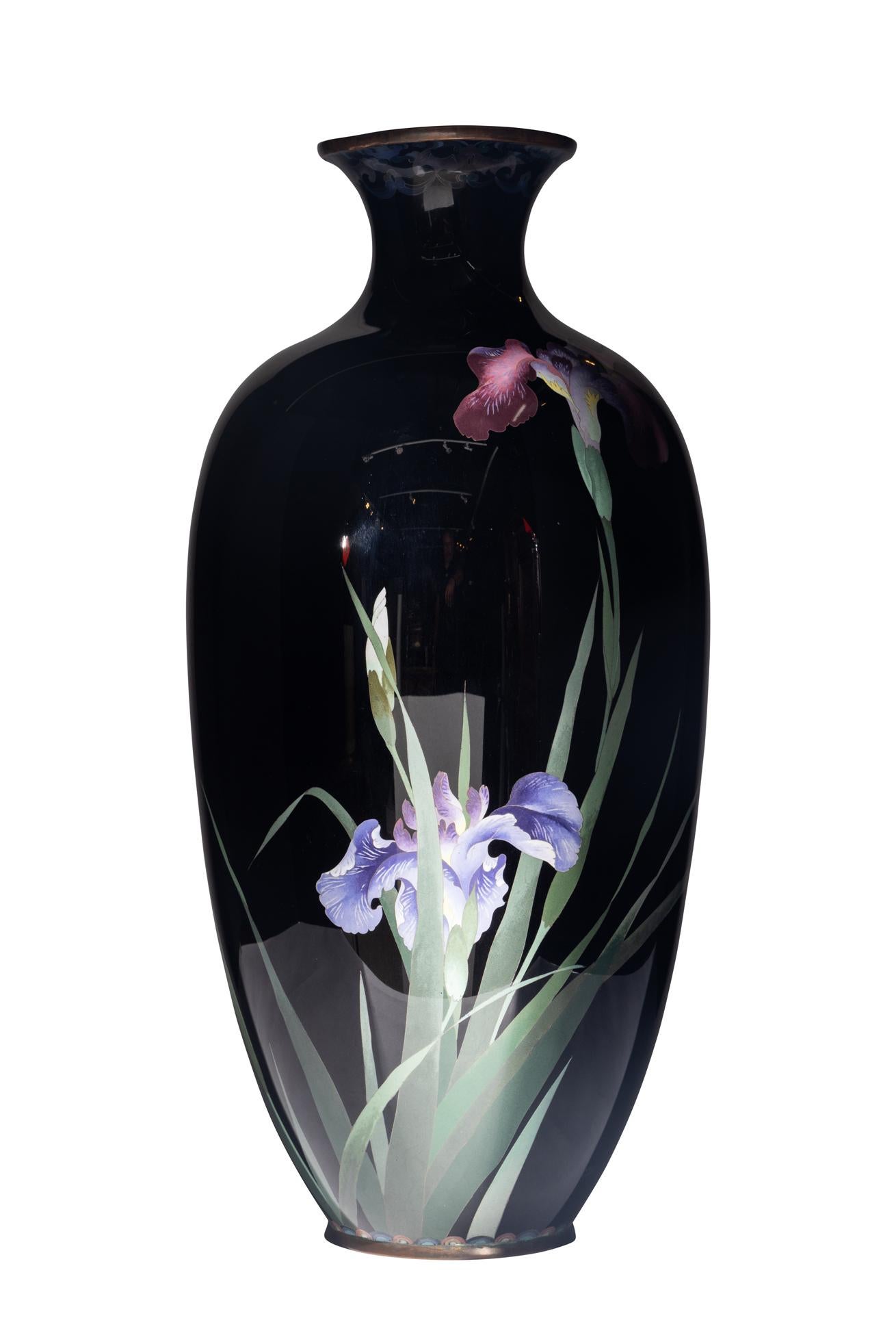 Large Meiji Period Japanese Cloisonne Enamel Vase Adorned with Iris Blossoms In Good Condition For Sale In New York, NY