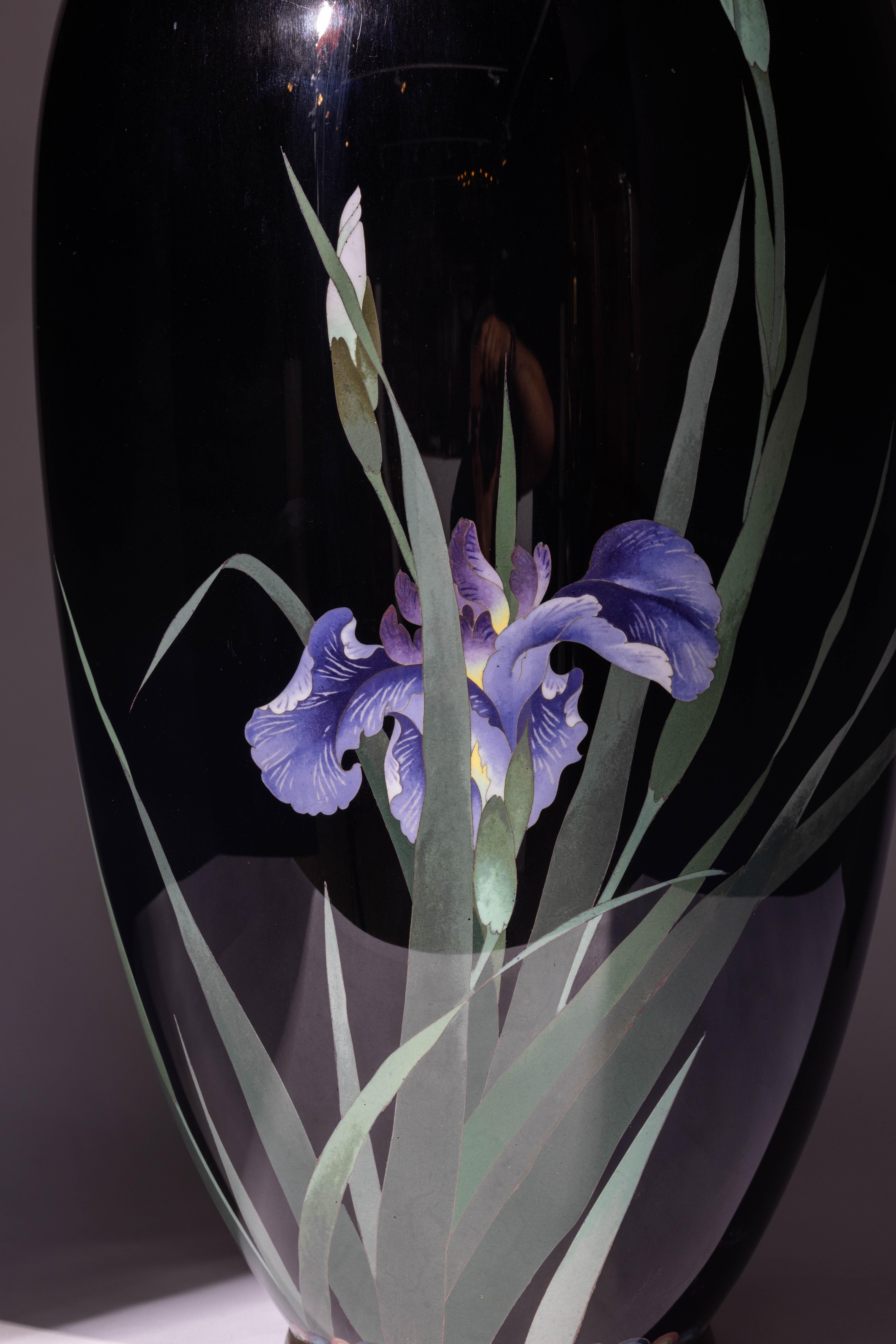Large Meiji Period Japanese Cloisonne Enamel Vase Adorned with Iris Blossoms For Sale 2