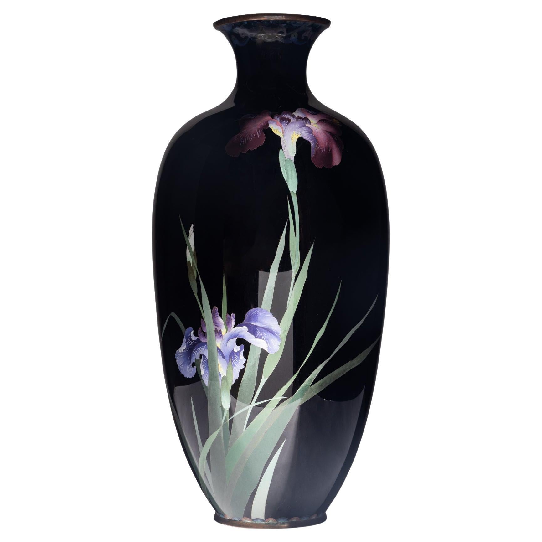 Large Meiji Period Japanese Cloisonne Enamel Vase Adorned with Iris Blossoms