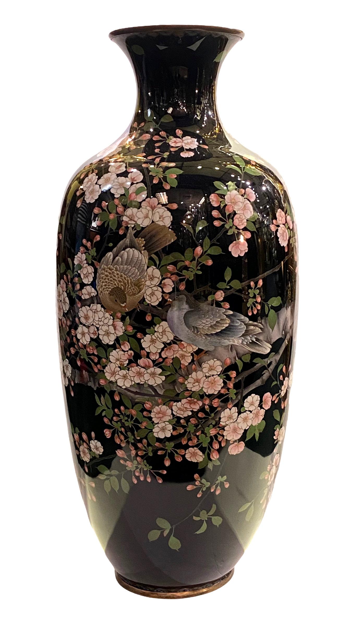 Large Meiji Period Japanese Cloisonné vase decorated with flowers and birds.