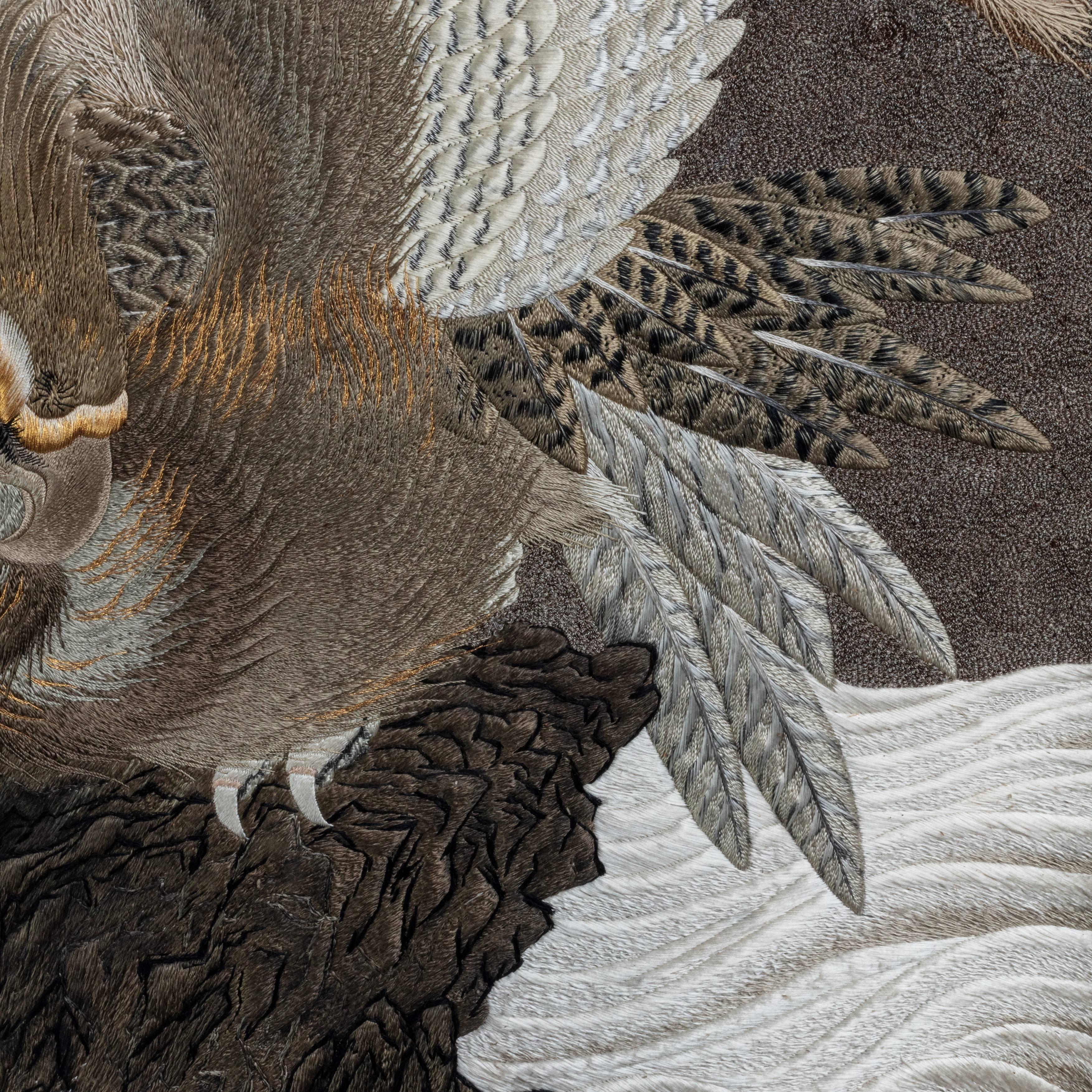Large Meiji Period Silk Embroidery of a Sea Eagle 4