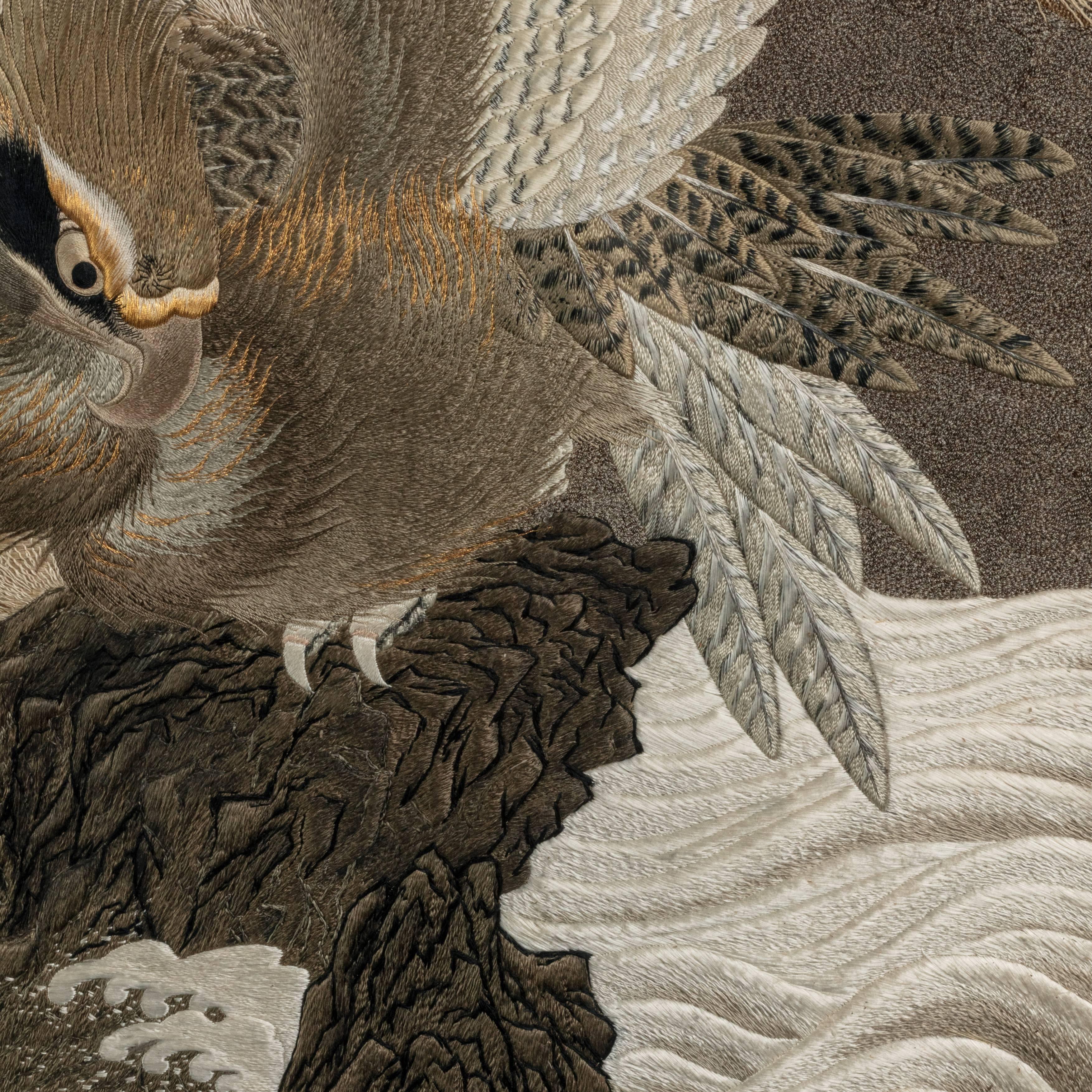 Late 19th Century Large Meiji Period Silk Embroidery of a Sea Eagle