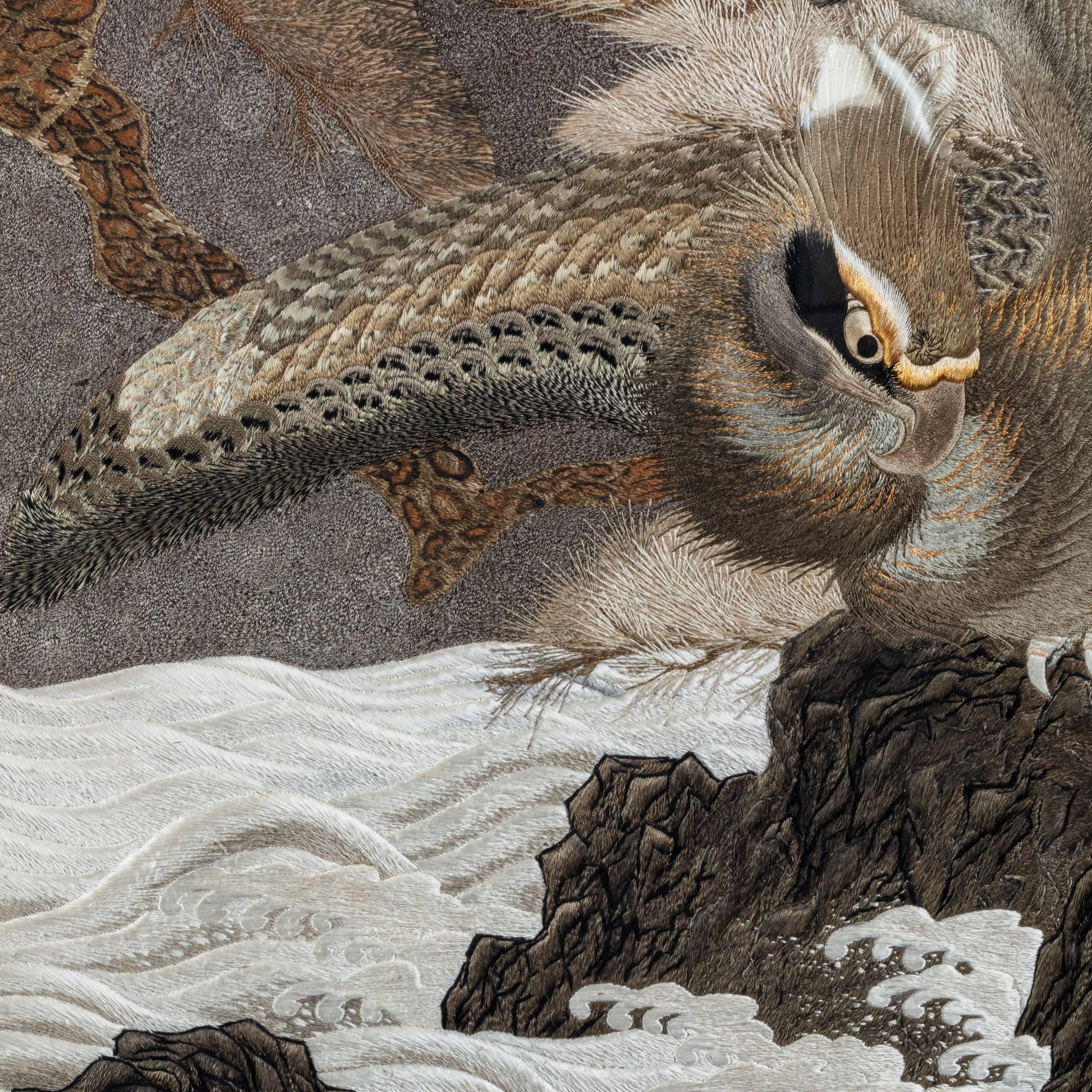 Large Meiji Period Silk Embroidery of a Sea Eagle 2