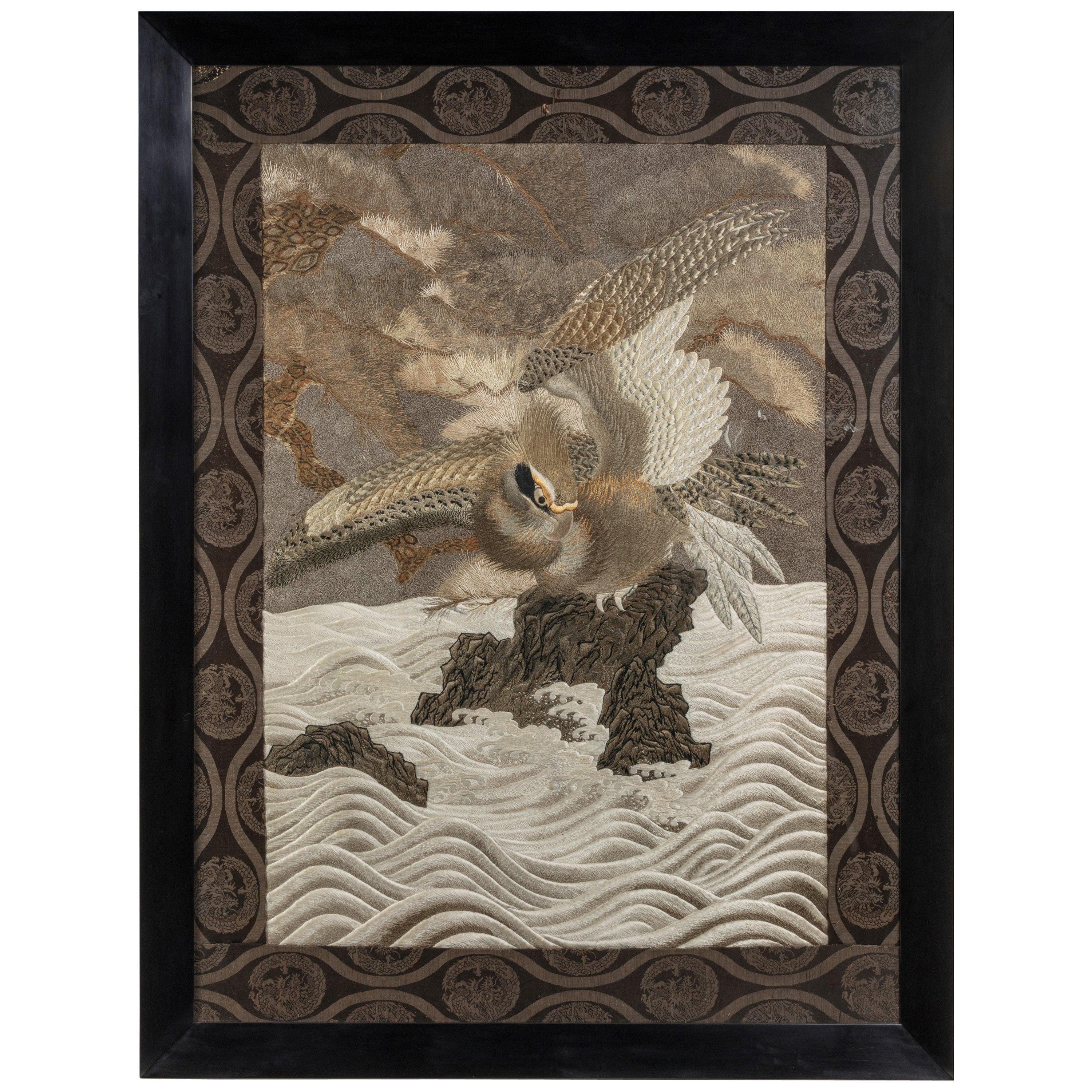 Large Meiji Period Silk Embroidery of a Sea Eagle