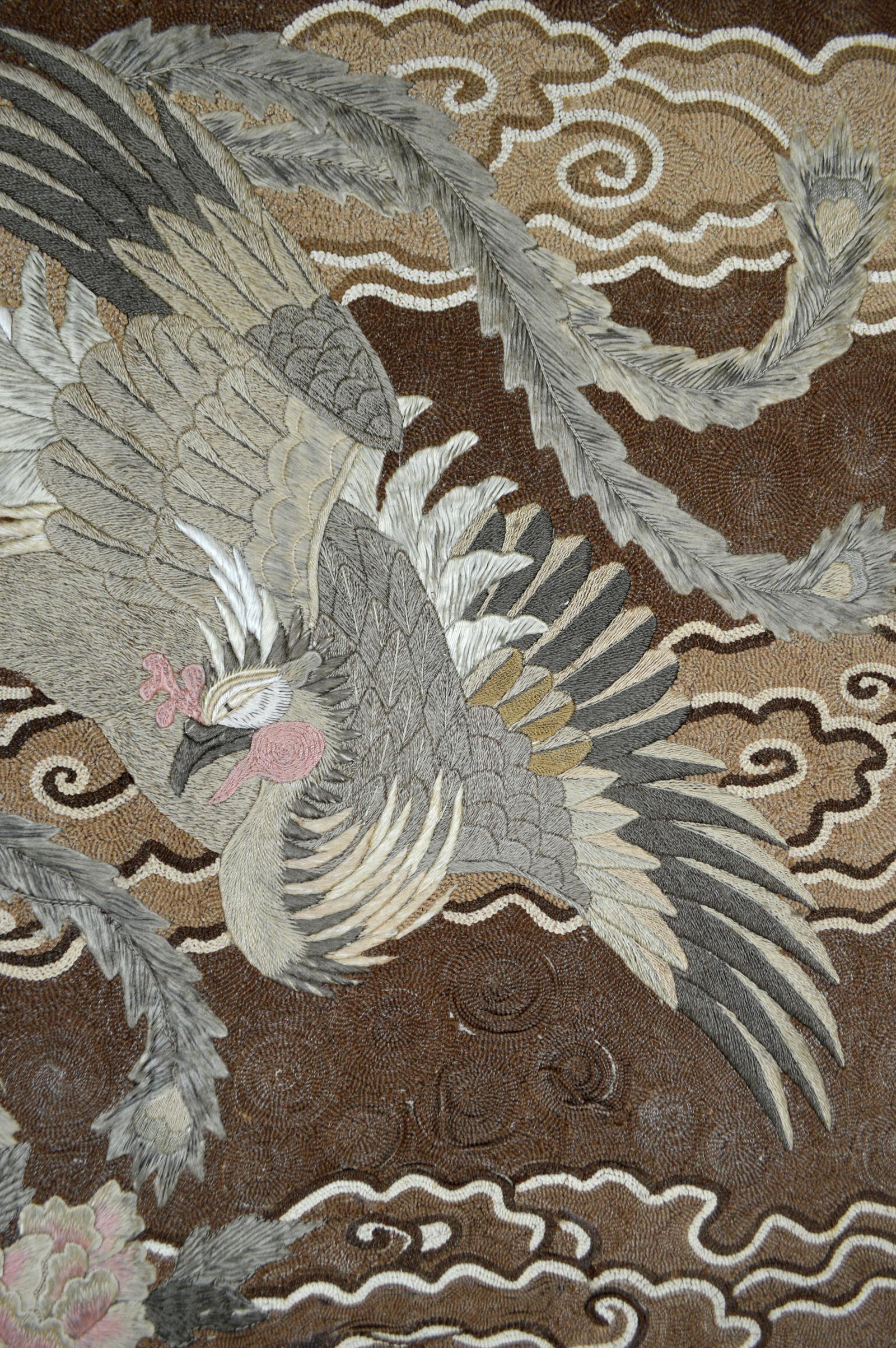 Large Meiji Period Silk Embroidery Tapestry, Kirin & Phoenix, Japan, circa 1890 For Sale 3