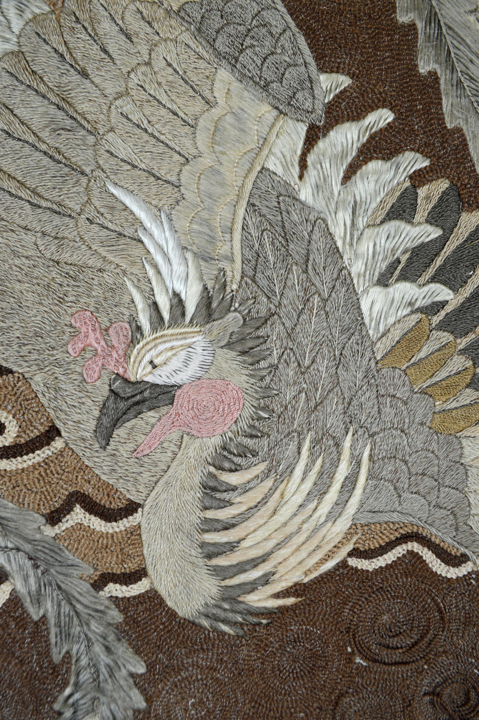 Large Meiji Period Silk Embroidery Tapestry, Kirin & Phoenix, Japan, circa 1890 For Sale 4