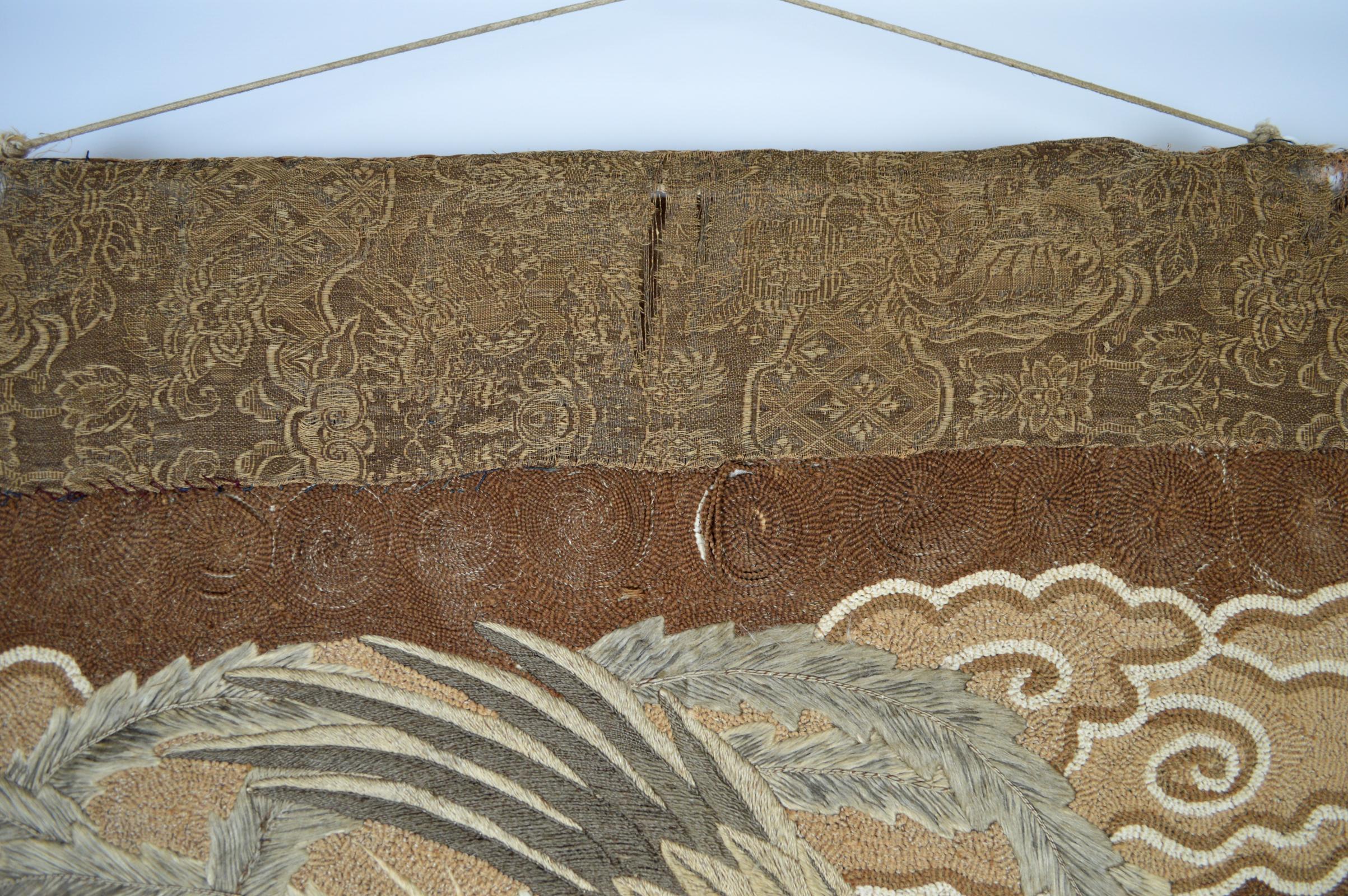 Large Meiji Period Silk Embroidery Tapestry, Kirin & Phoenix, Japan, circa 1890 For Sale 7