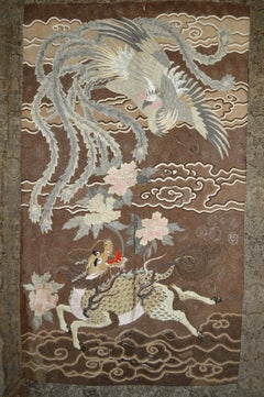 Large Meiji Period Silk Embroidery Tapestry, Kirin & Phoenix, Japan, circa 1890