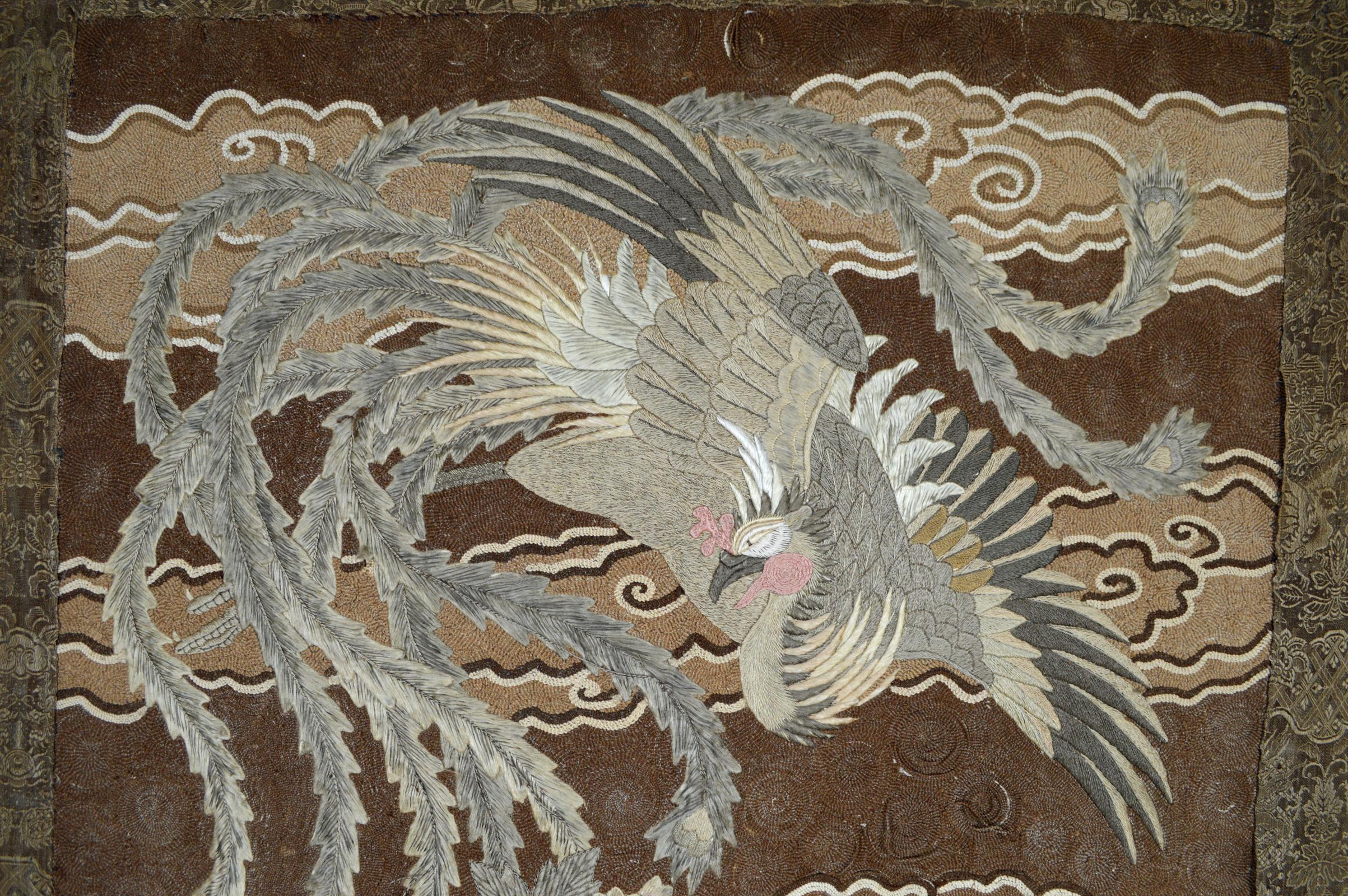 Japanese Large Meiji Period Silk Embroidery Tapestry, Kirin & Phoenix, Japan, circa 1890 For Sale