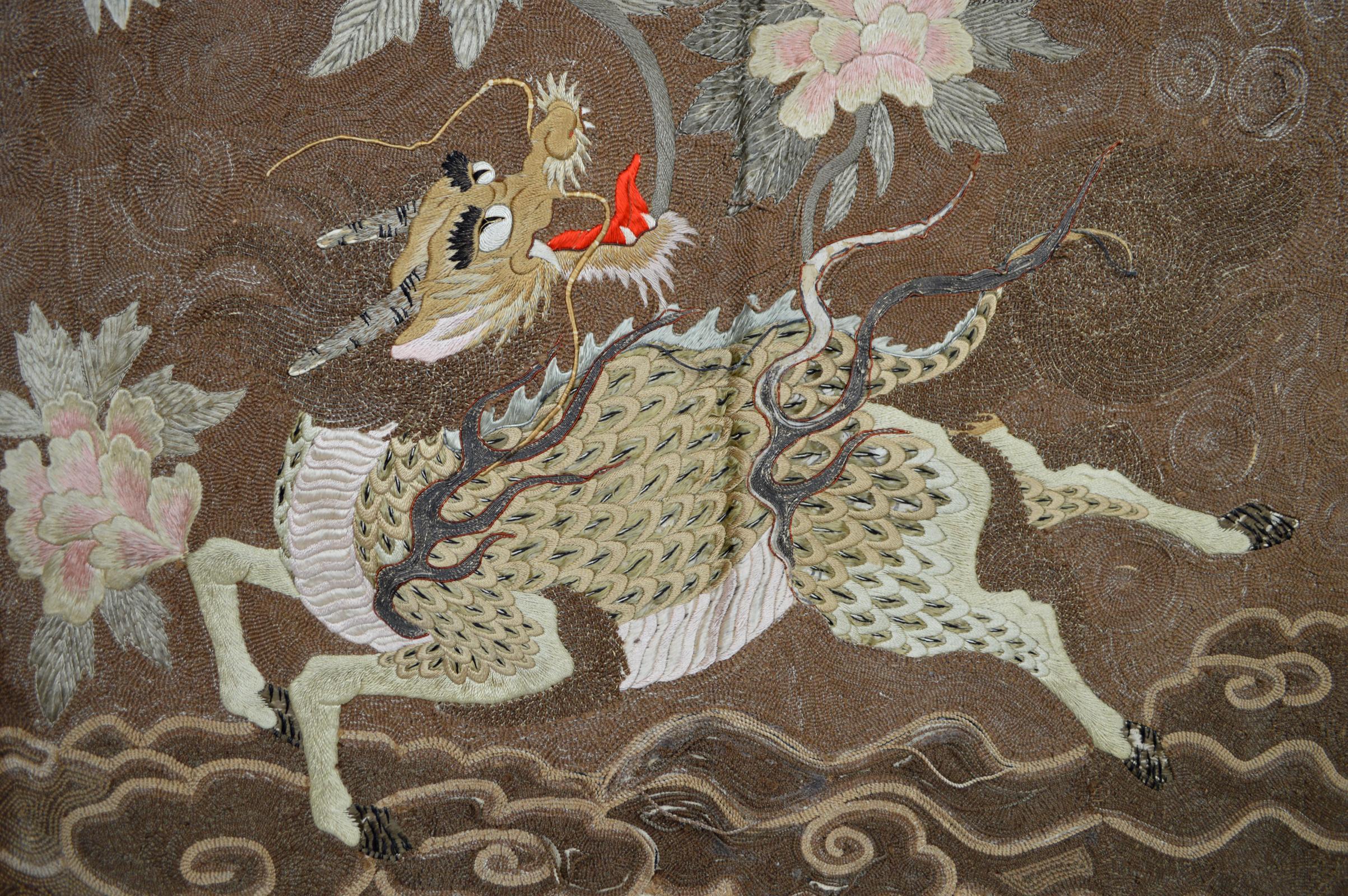 Hand-Crafted Large Meiji Period Silk Embroidery Tapestry, Kirin & Phoenix, Japan, circa 1890 For Sale