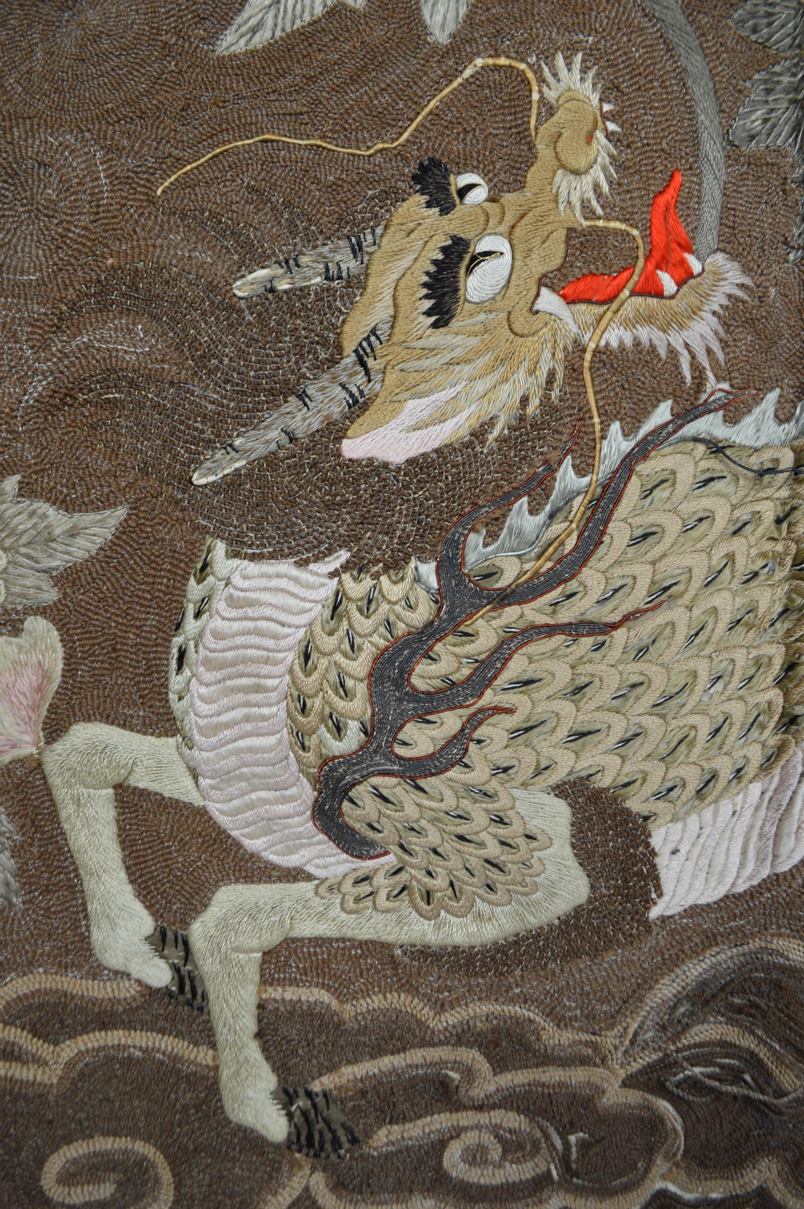 Large Meiji Period Silk Embroidery Tapestry, Kirin & Phoenix, Japan, circa 1890 In Fair Condition For Sale In L'Etang, FR