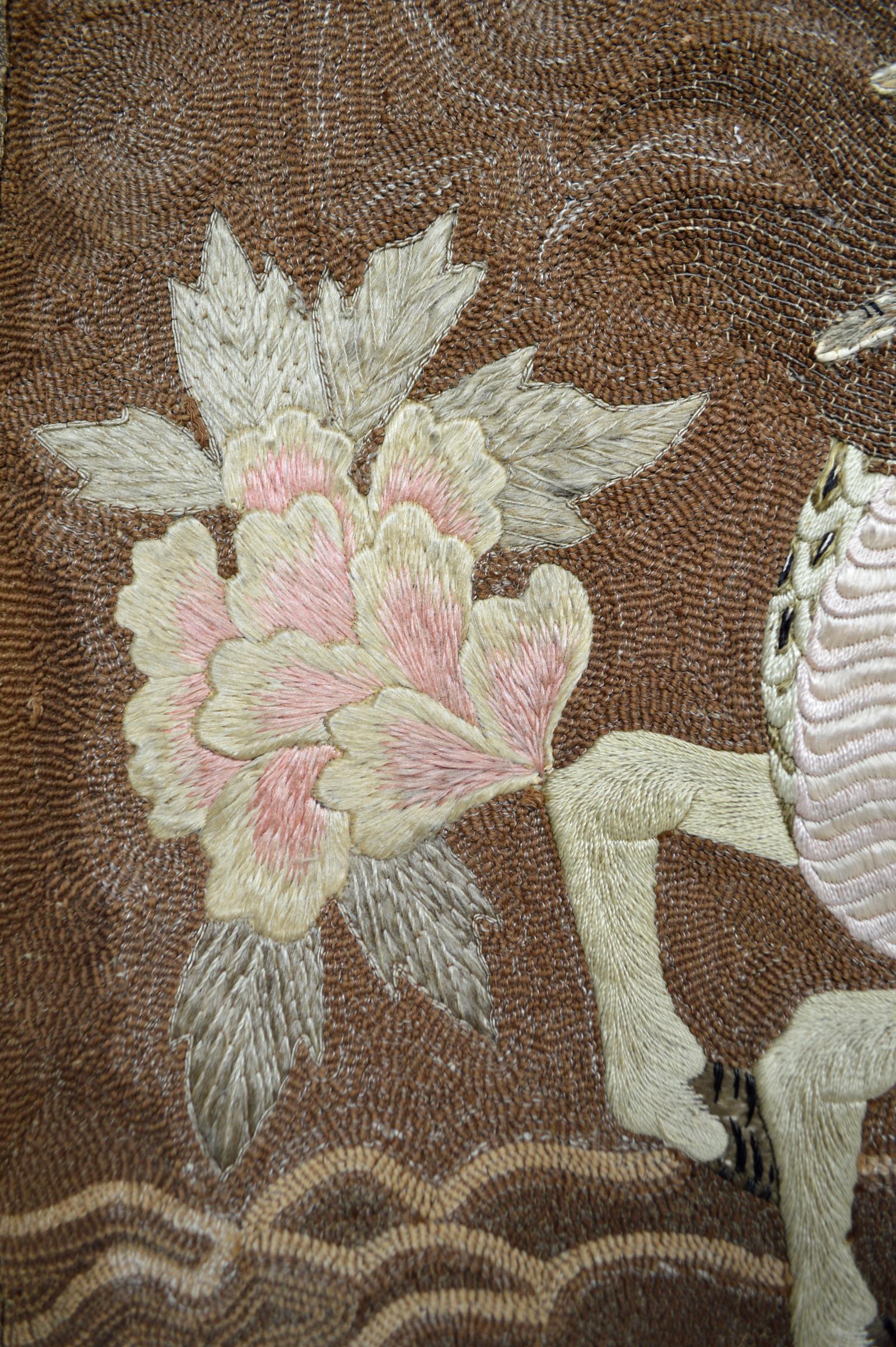 Late 19th Century Large Meiji Period Silk Embroidery Tapestry, Kirin & Phoenix, Japan, circa 1890 For Sale