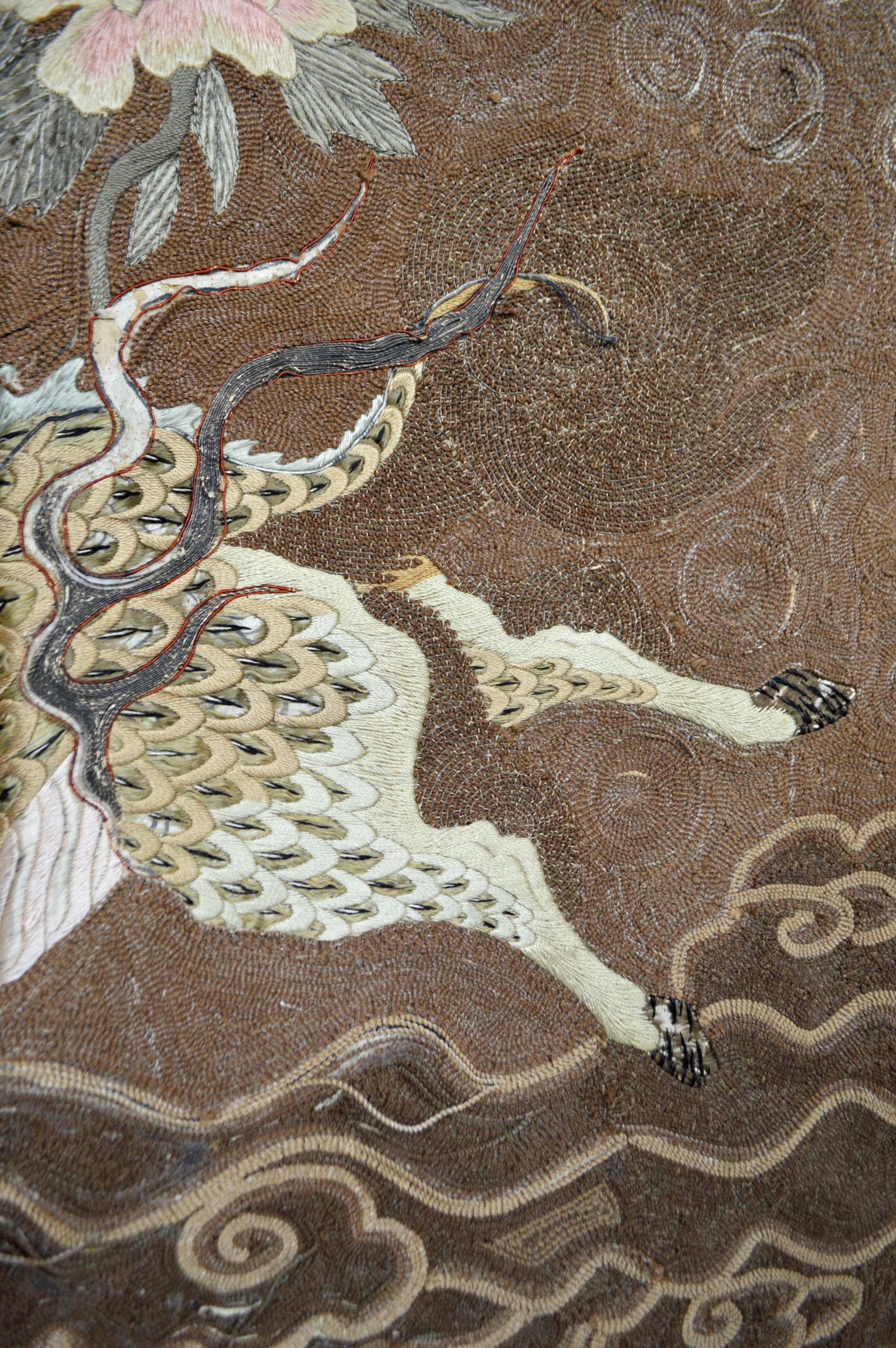 Fabric Large Meiji Period Silk Embroidery Tapestry, Kirin & Phoenix, Japan, circa 1890 For Sale