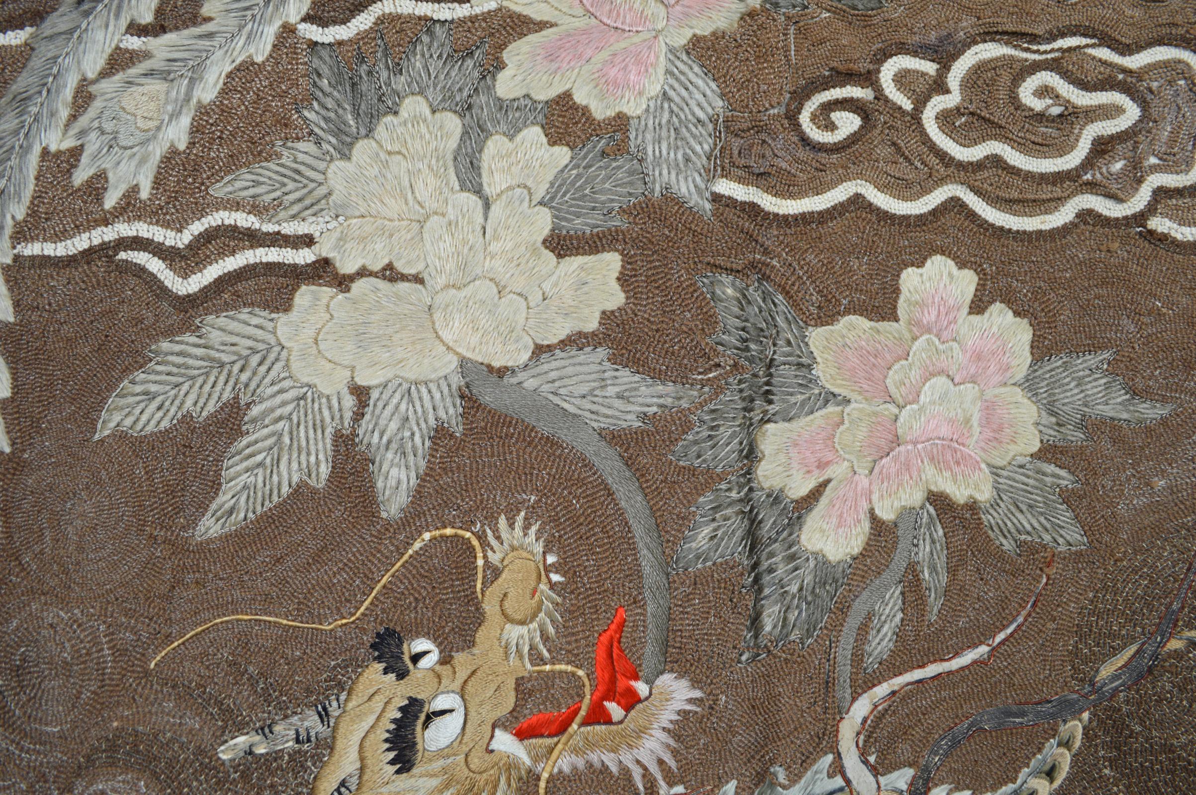 Large Meiji Period Silk Embroidery Tapestry, Kirin & Phoenix, Japan, circa 1890 For Sale 1