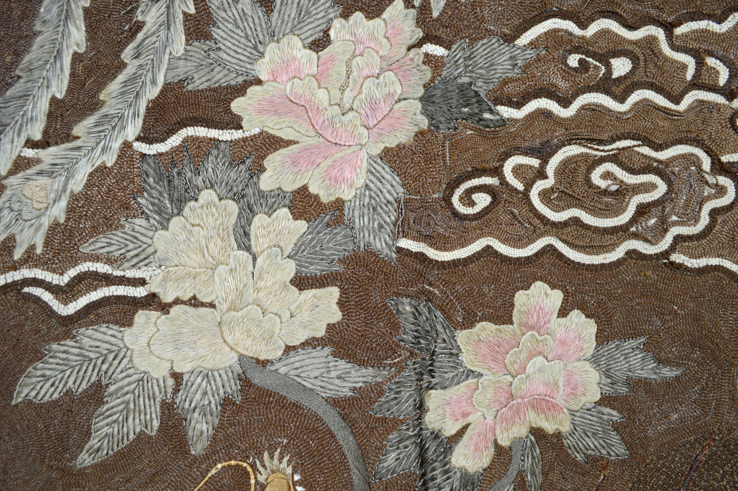 Large Meiji Period Silk Embroidery Tapestry, Kirin & Phoenix, Japan, circa 1890 For Sale 2