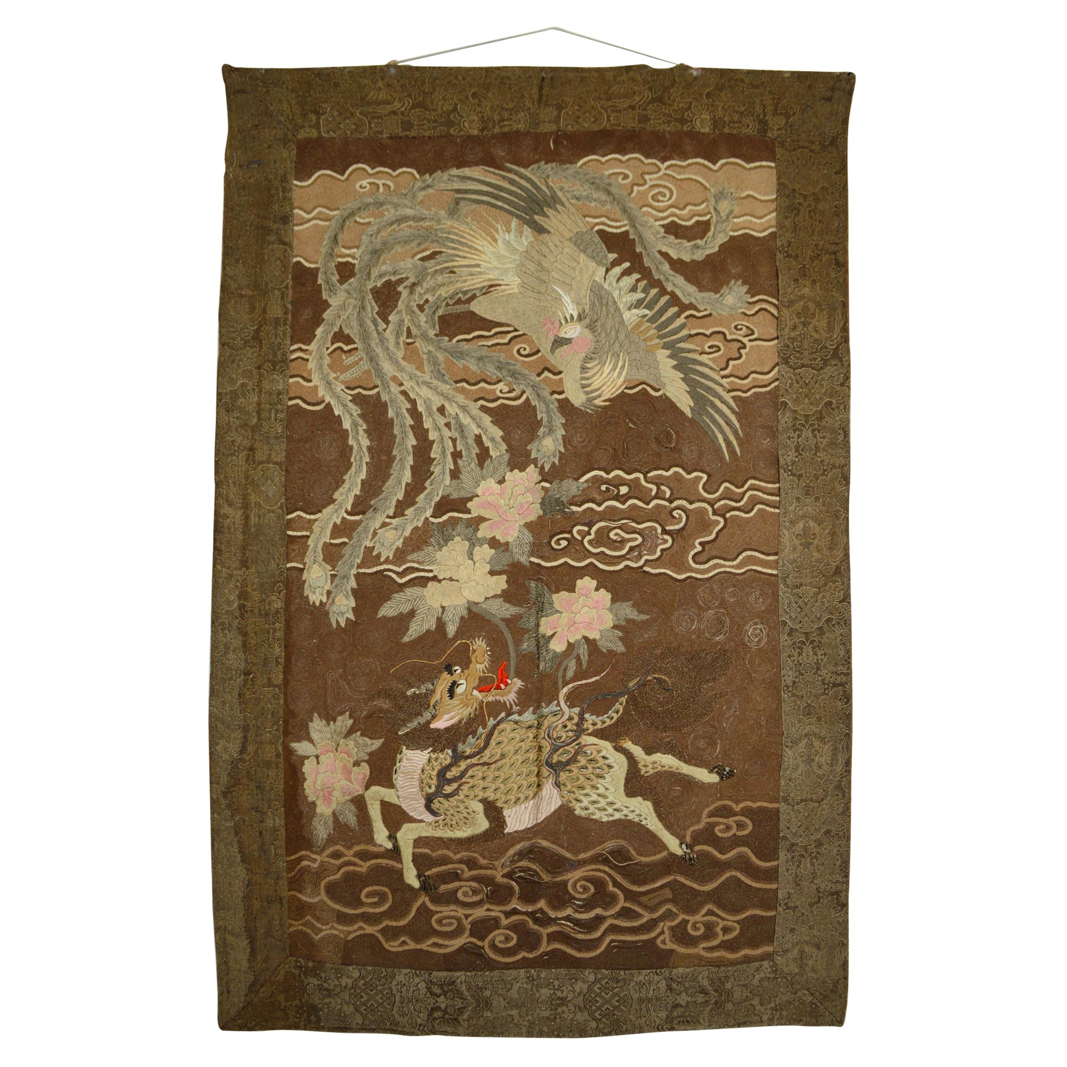 Large Meiji Period Silk Embroidery Tapestry, Kirin & Phoenix, Japan, circa 1890 For Sale