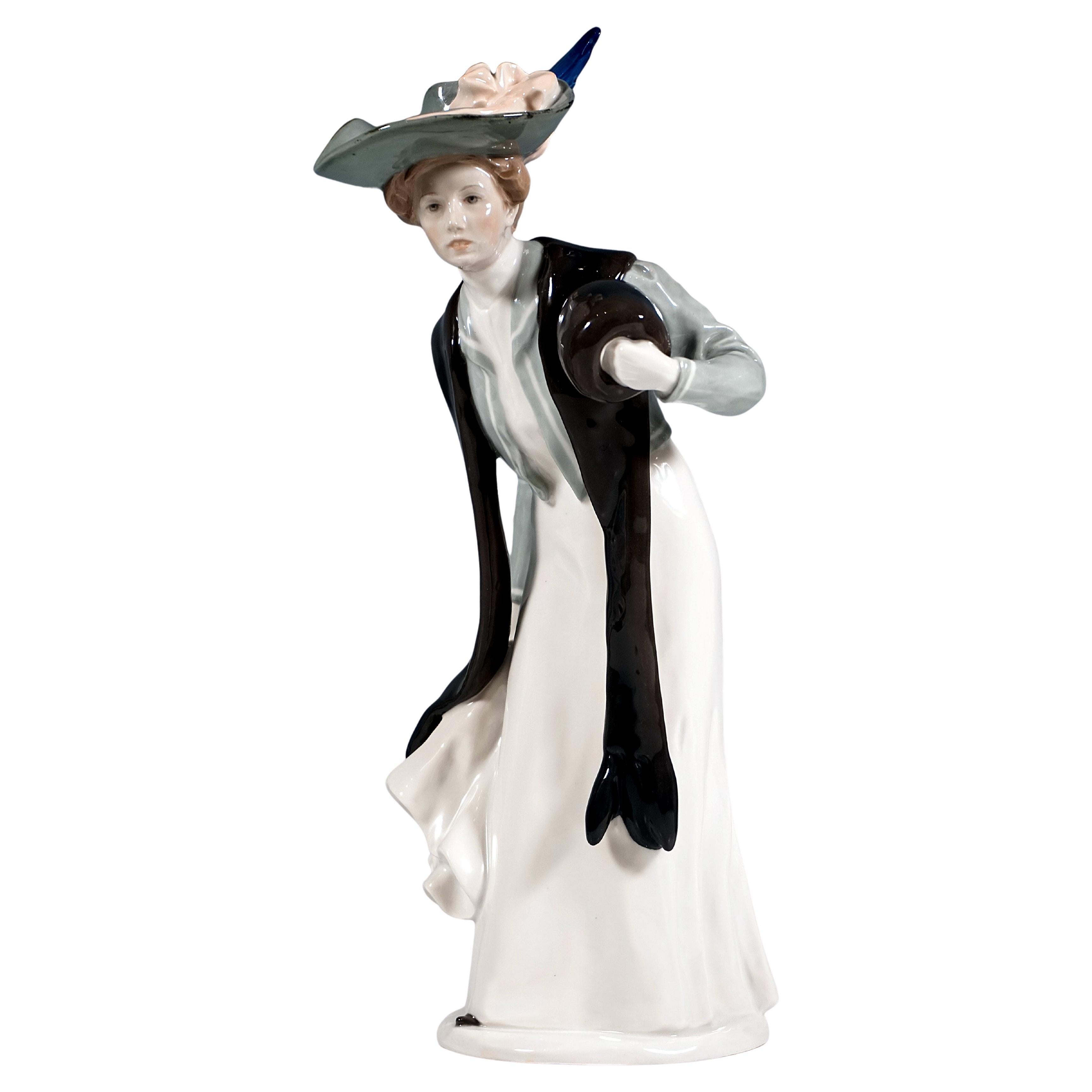 Large Meissen Art Nouveau Figurine, Lady With Muff, Konrad Hentschel, ca 1906
