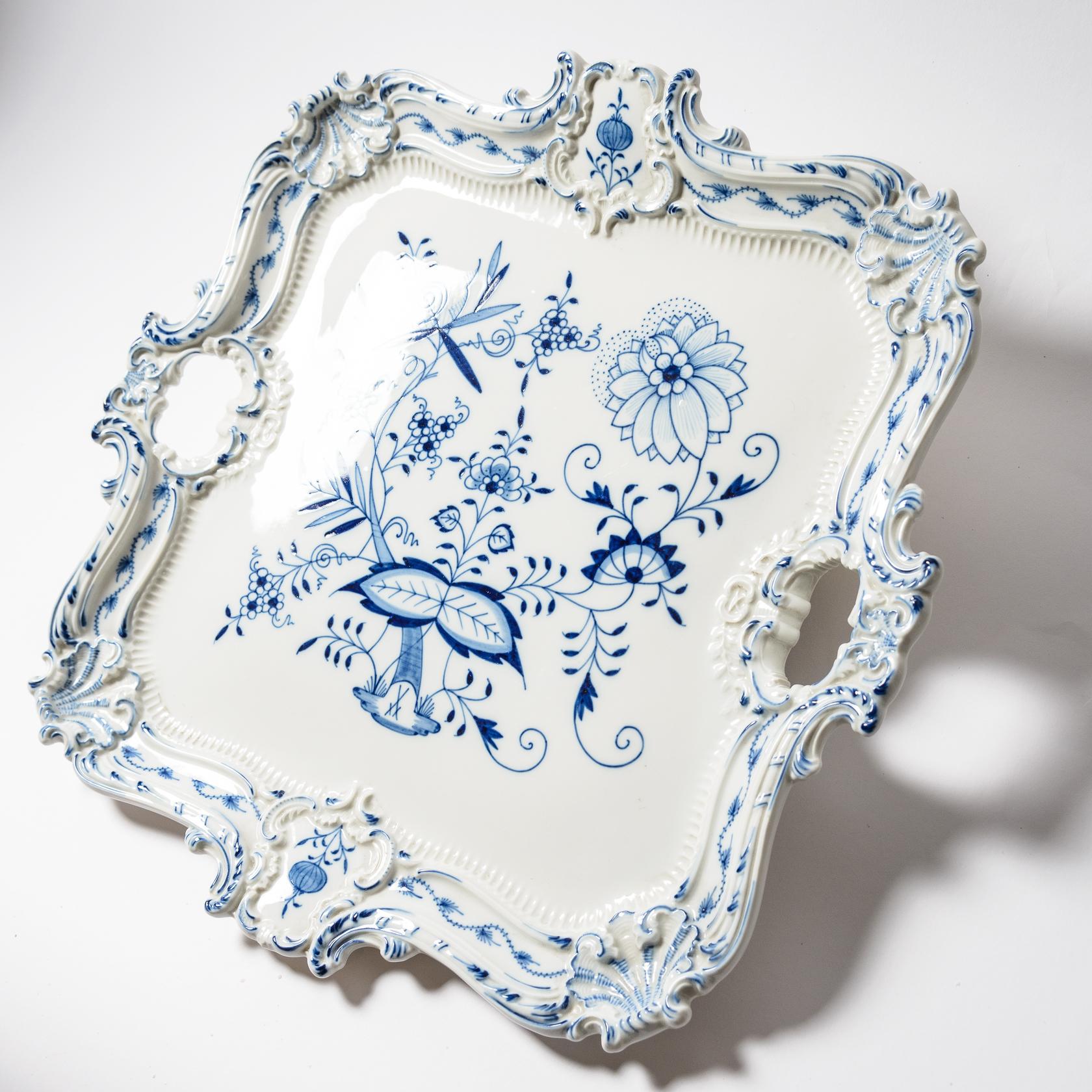 Enamel Large Meissen Blue Onion Tray or Platter with Handles. Vintage, circa 1930